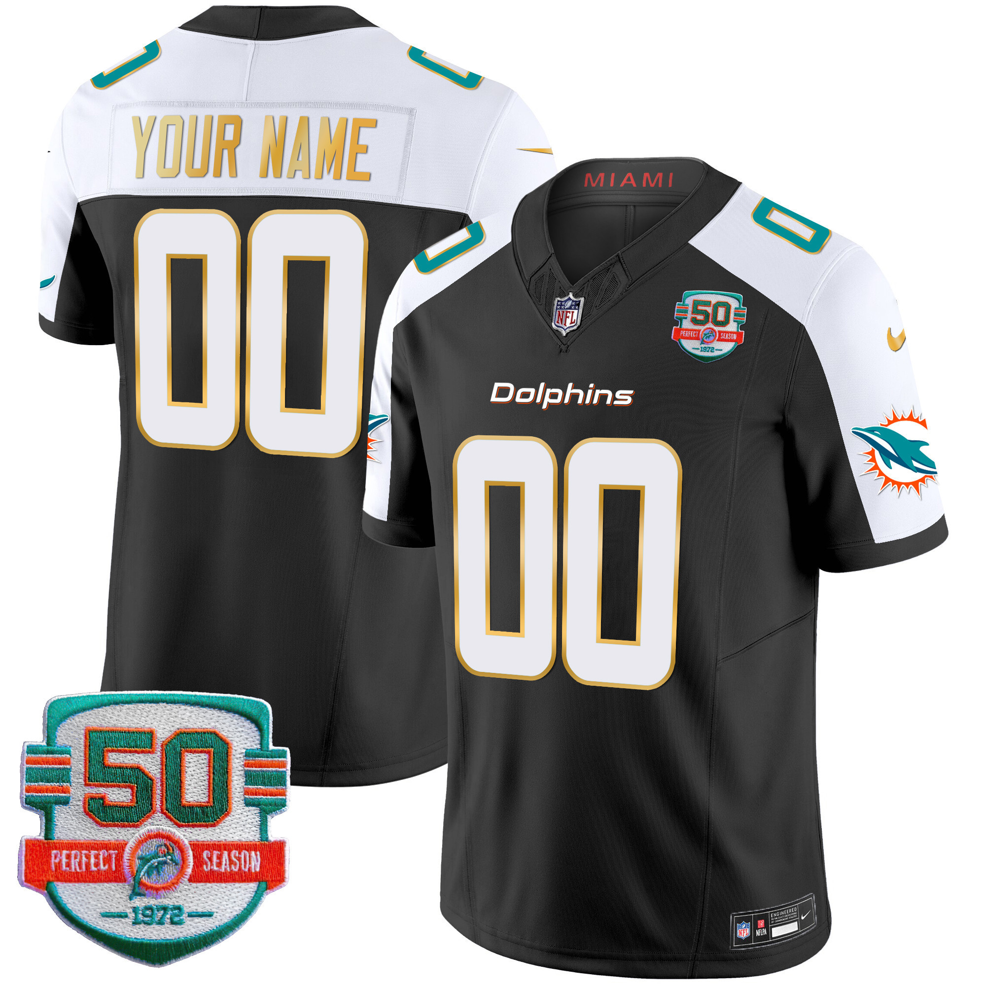 Men's Miami Dolphins Gold Trim Vapor Limited Custom Black Alternate Jersey - All Stitched