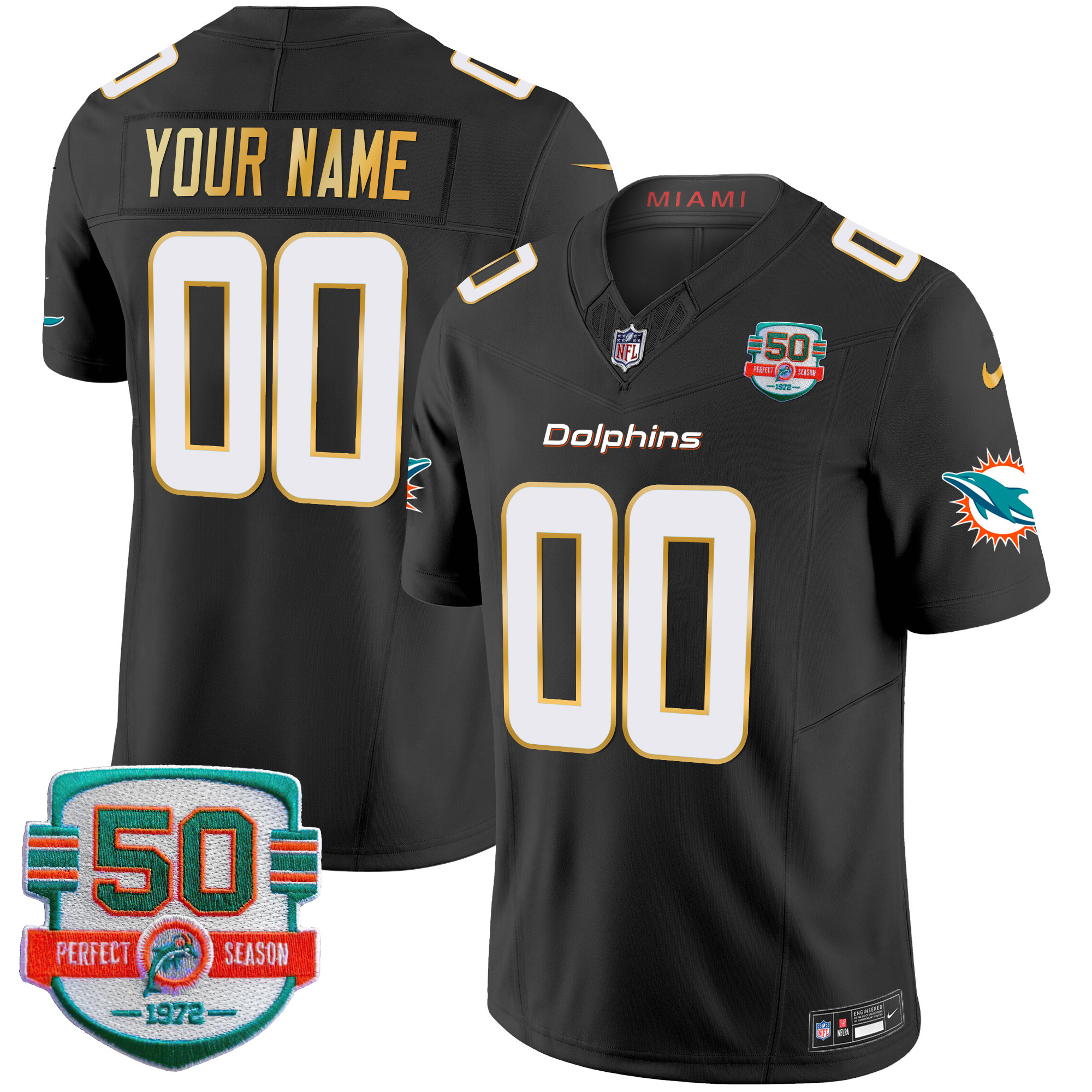 Men's Miami Dolphins Gold Trim Vapor Limited Custom Black Jersey - All Stitched