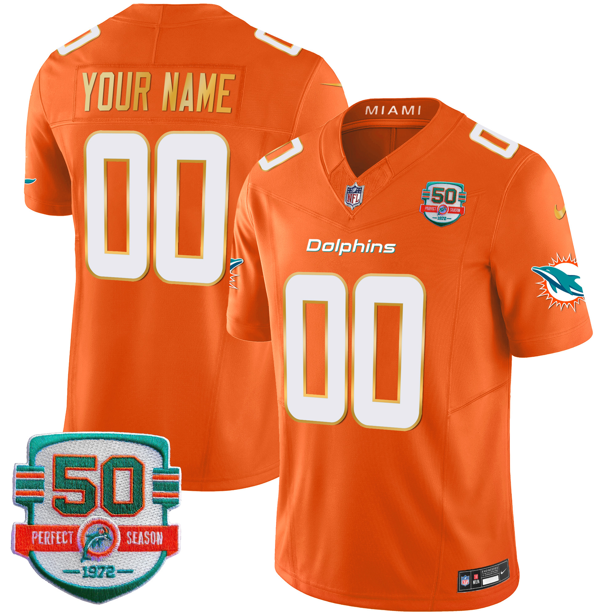 Men's Miami Dolphins Gold Trim Vapor Limited Custom Orange Jersey - All Stitched