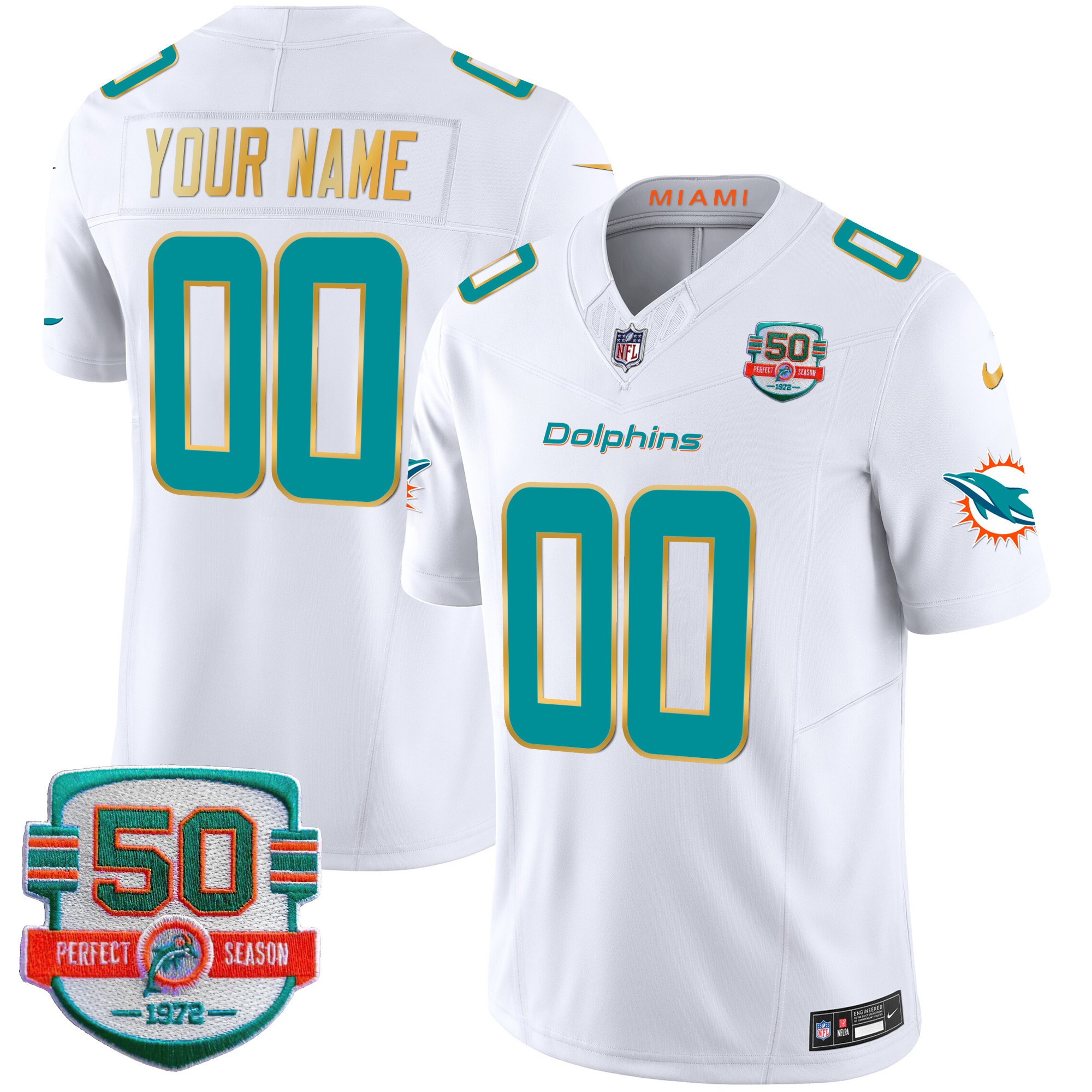 Men's Miami Dolphins Gold Trim Vapor Limited Custom White Jersey - All Stitched