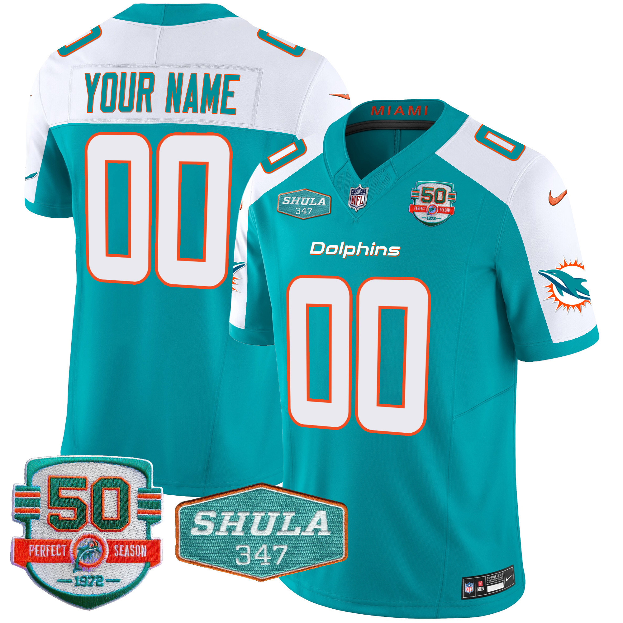 Men's Miami Dolphins Shula 347 Patch Vapor Custom Aqua Alternate Jersey - All Stitched