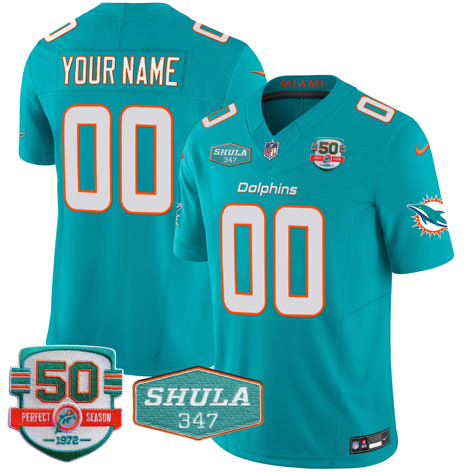 Men's Miami Dolphins Shula 347 Patch Vapor Custom Aqua Jersey - All Stitched