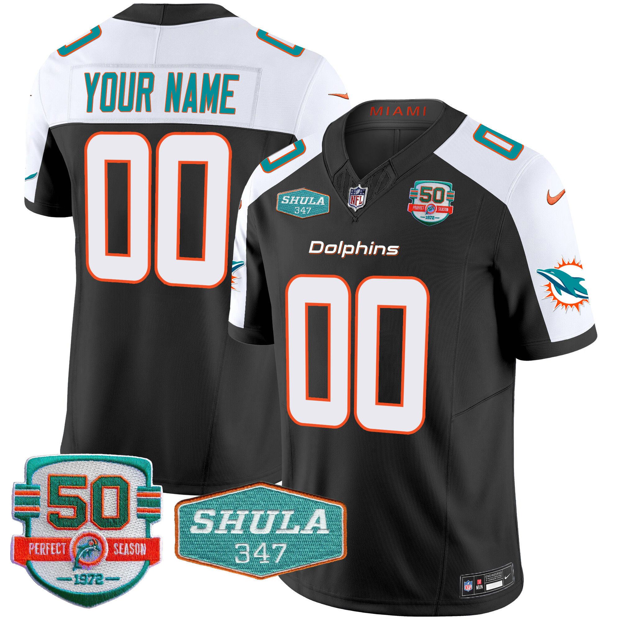 Men's Miami Dolphins Shula 347 Patch Vapor Custom Black Alternate Jersey - All Stitched
