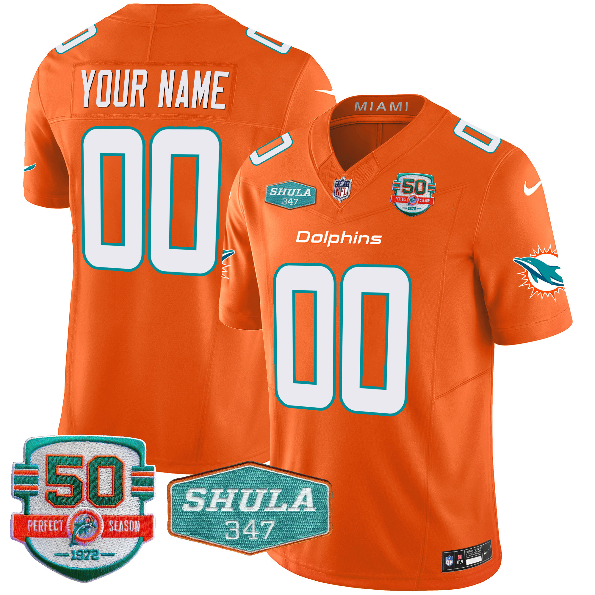 Men's Miami Dolphins Shula 347 Patch Vapor Custom Orange Jersey - All Stitched