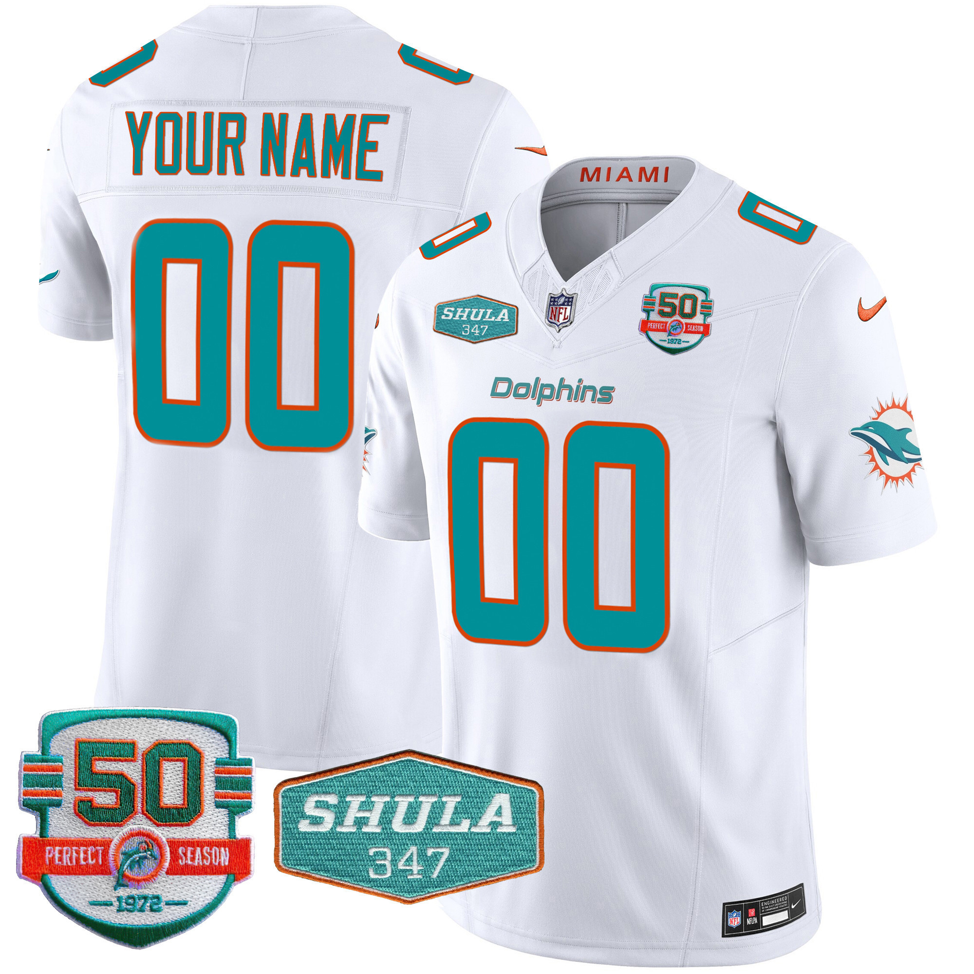 Men's Miami Dolphins Shula 347 Patch Vapor Custom White Jersey - All Stitched