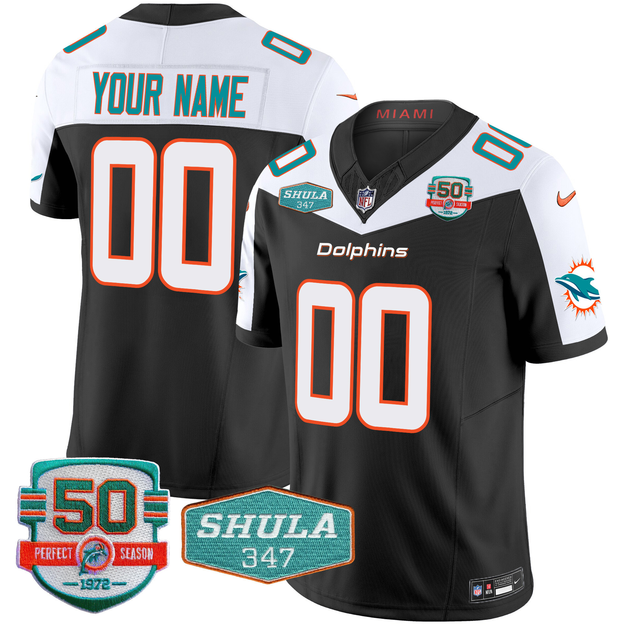 Men's Miami Dolphins Shula 347 Patch Vapor Limited Custom Black Alternate Jersey - All Stitched