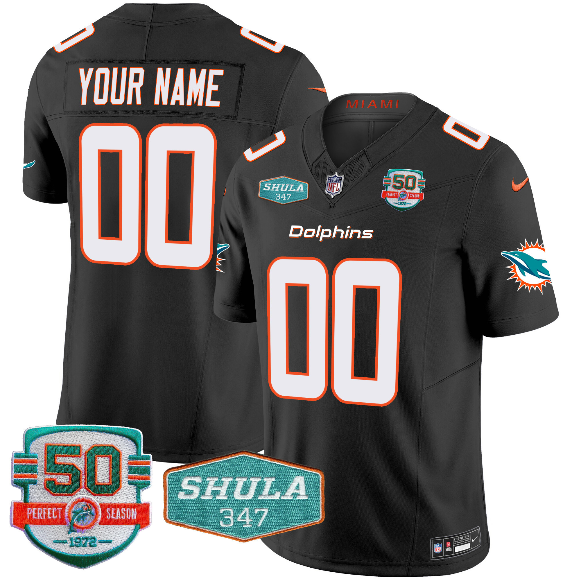 Men's Miami Dolphins Shula 347 Patch Vapor Limited Custom Black Jersey - All Stitched