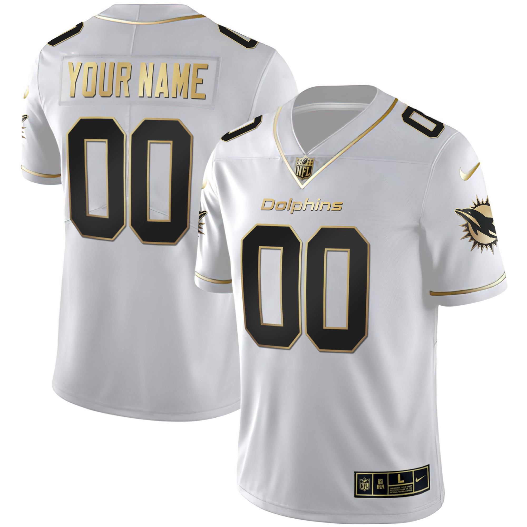 Men's Miami Dolphins White Gold & Black Gold Custom White Gold Jersey - All Stitched