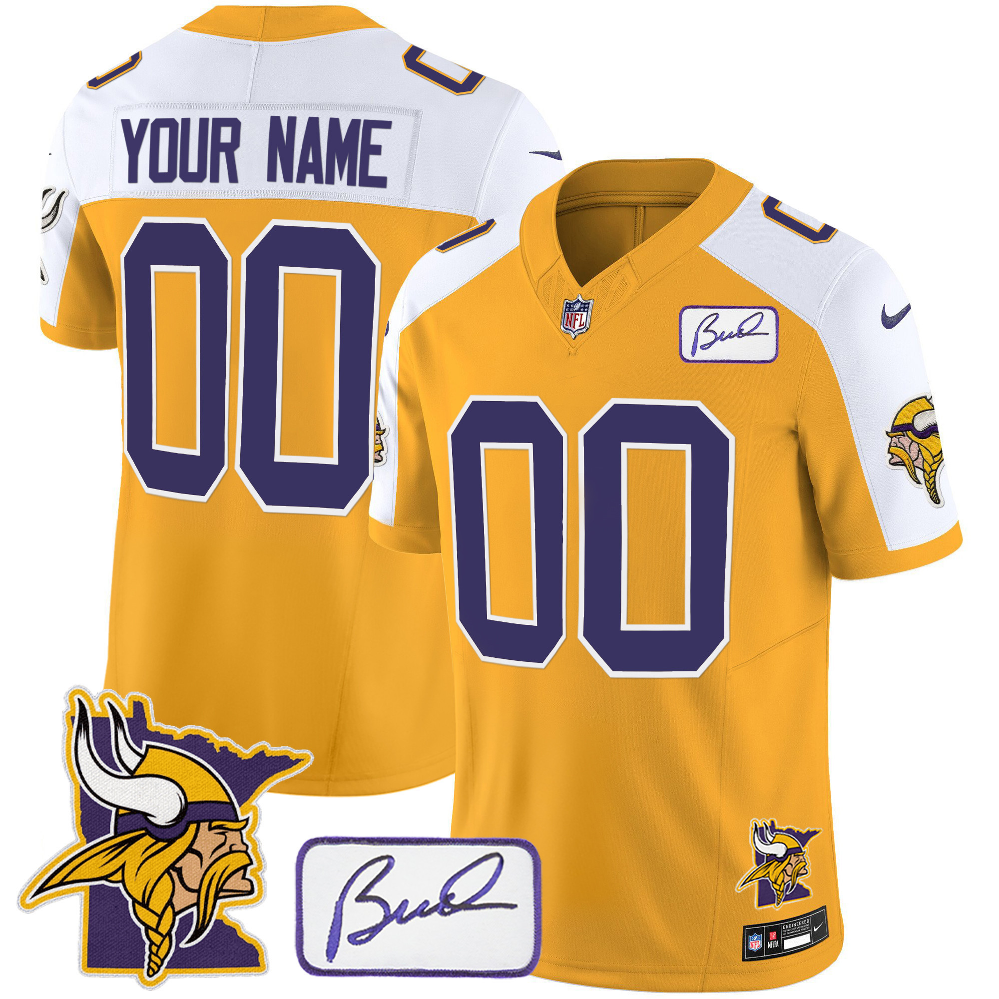 Men's Minnesota Vikings Bud Grant & Minnesota Patch Classic Limited Custom Gold Alternate Jersey - All Stitched