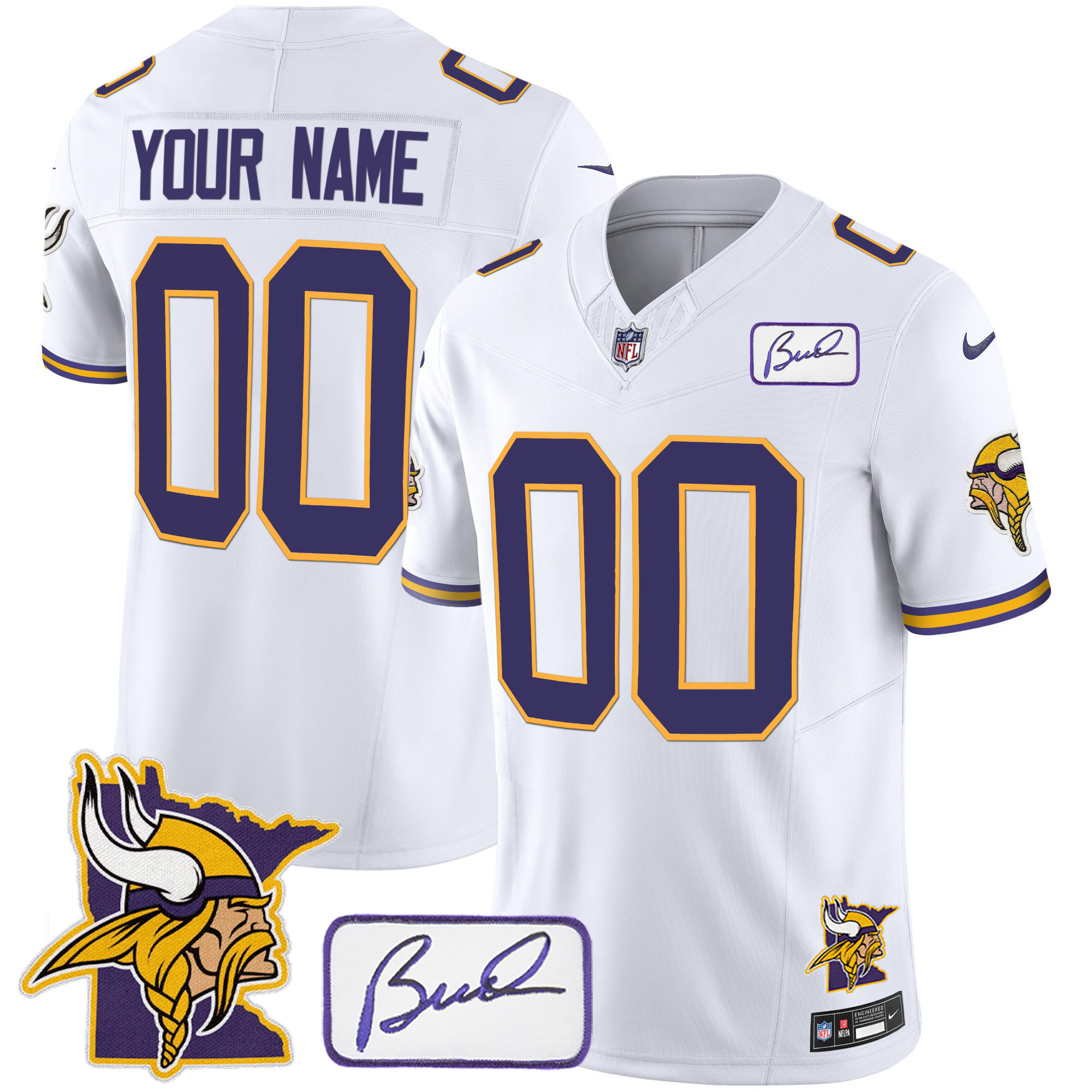 Men's Minnesota Vikings Bud Grant & Minnesota Patch Classic Limited Custom White Jersey - All Stitched