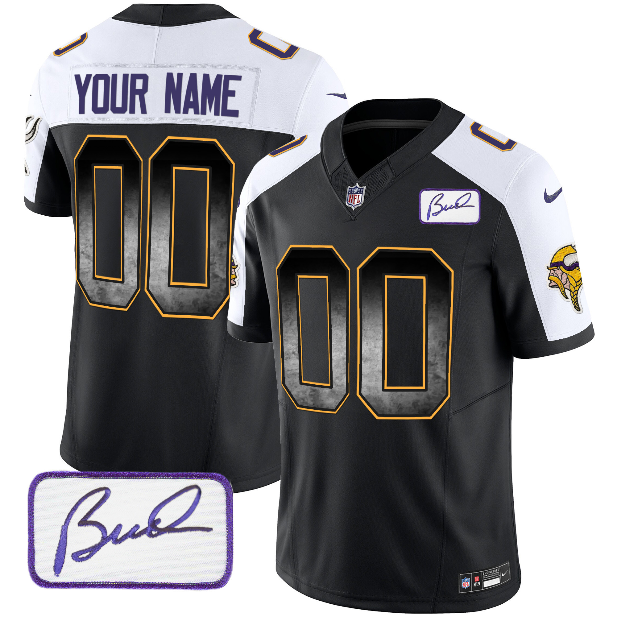 Men's Minnesota Vikings Bud Grant Patch Arch Smoke Vapor Custom Black Alternate Jersey - All Stitched