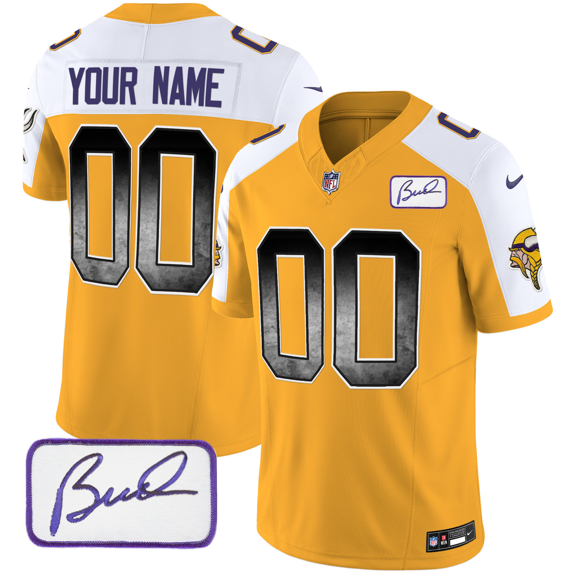 Men's Minnesota Vikings Bud Grant Patch Arch Smoke Vapor Custom Gold Alternate Jersey - All Stitched