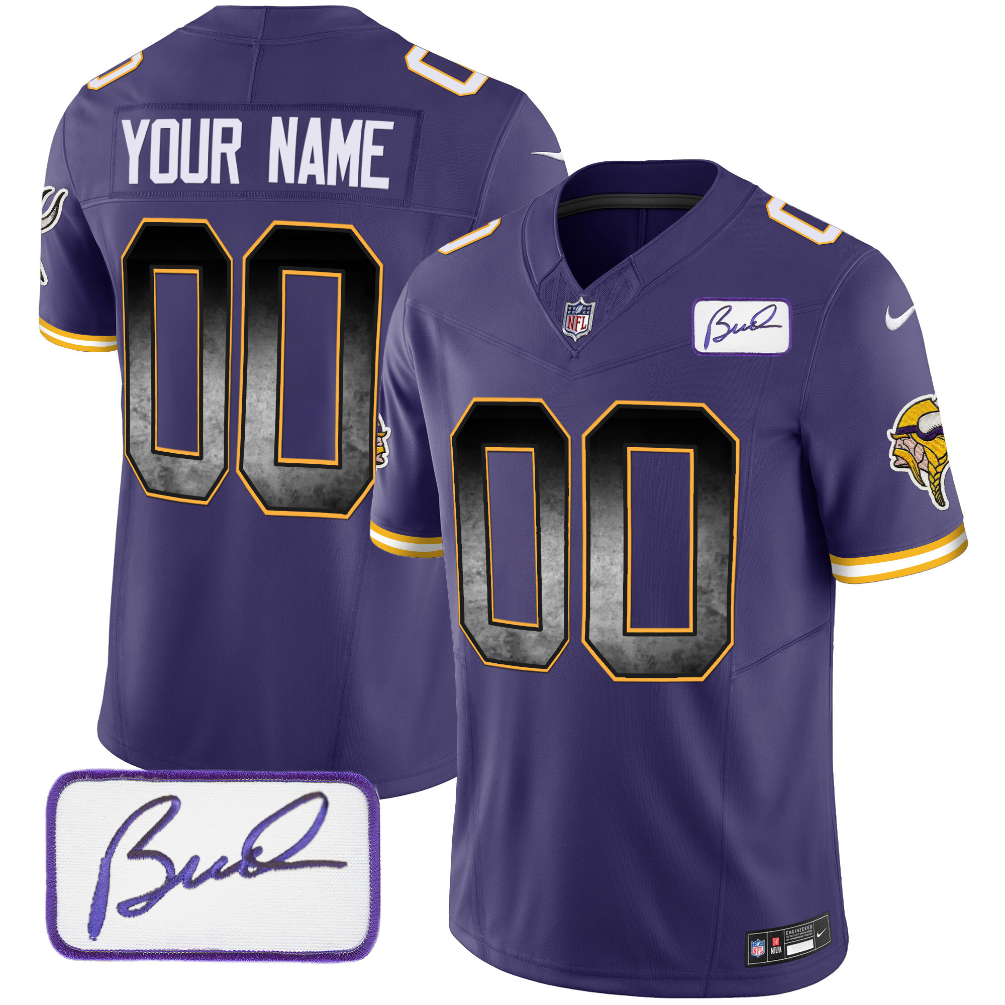 Men's Minnesota Vikings Bud Grant Patch Arch Smoke Vapor Custom Purple Jersey - All Stitched