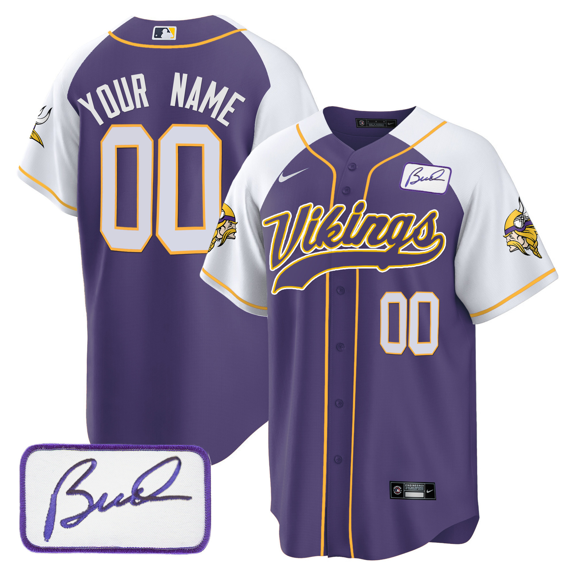 Men's Minnesota Vikings Bud Grant Patch Baseball Custom Alternate Jersey - All Stitched