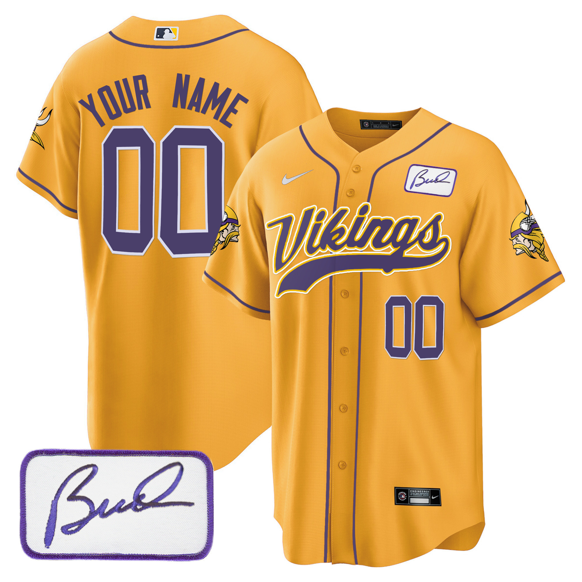 Men's Minnesota Vikings Bud Grant Patch Baseball Custom Gold Jersey - All Stitched