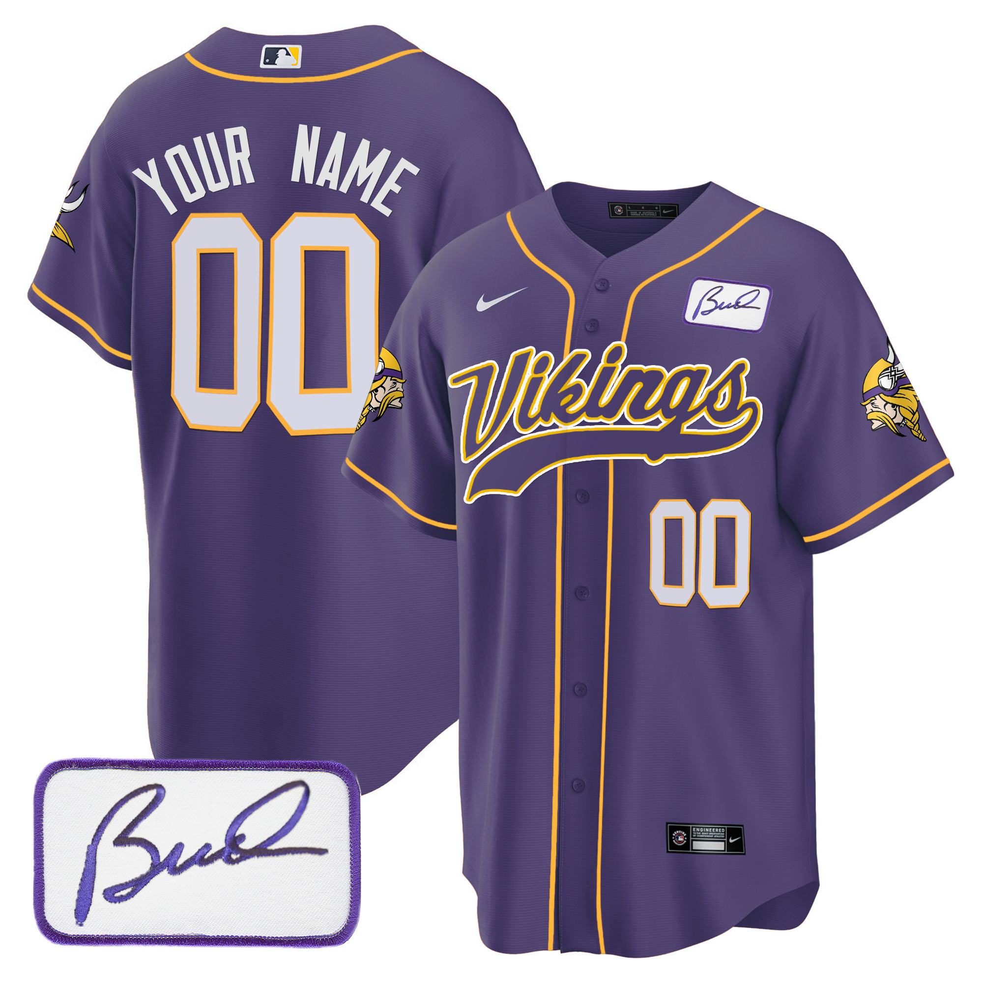 Men's Minnesota Vikings Bud Grant Patch Baseball Custom Purple Jersey - All Stitched