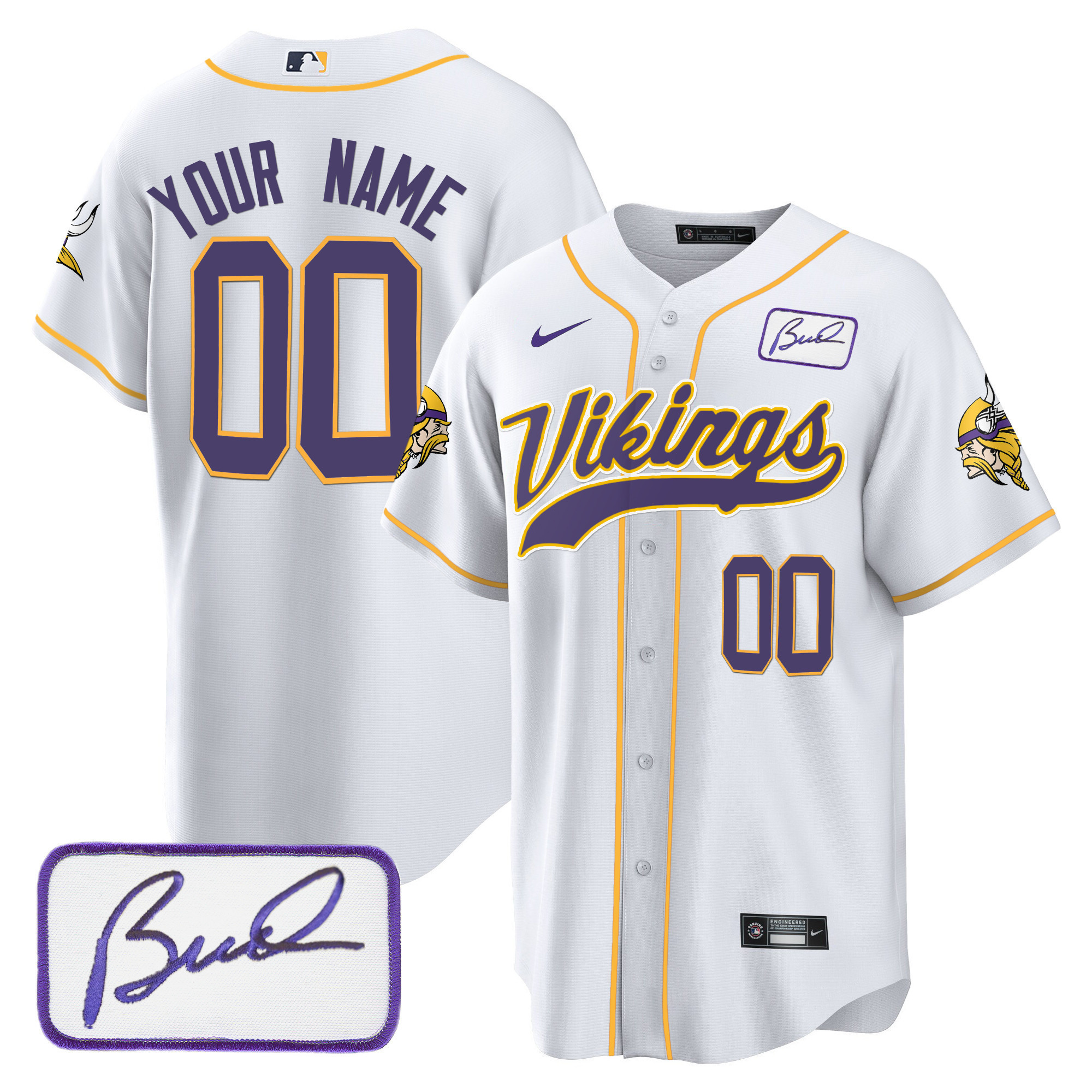 Men's Minnesota Vikings Bud Grant Patch Baseball Custom White Jersey - All Stitched