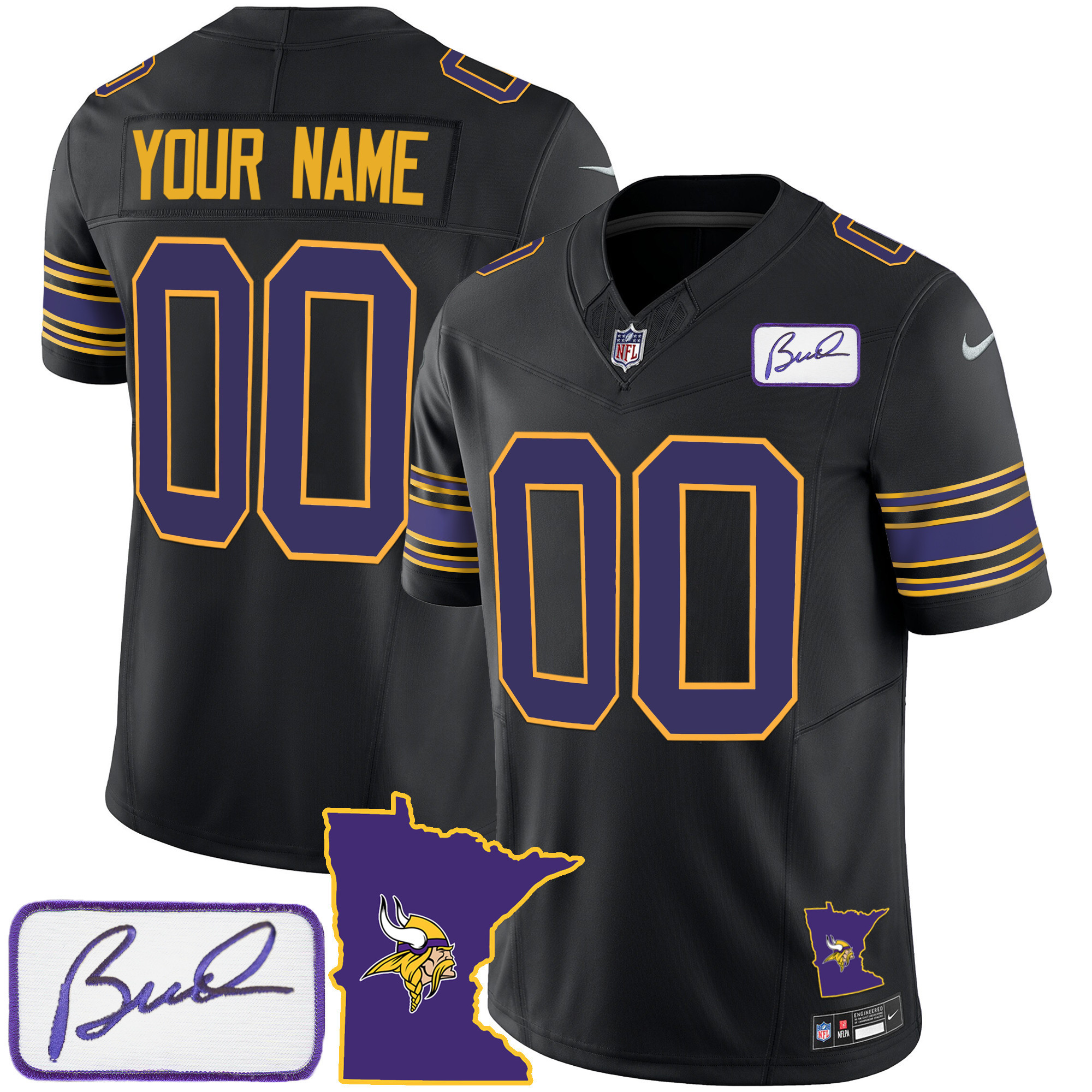 Men's Minnesota Vikings Bud Grant Patch Classic Limited Custom Black Jersey - All Stitched