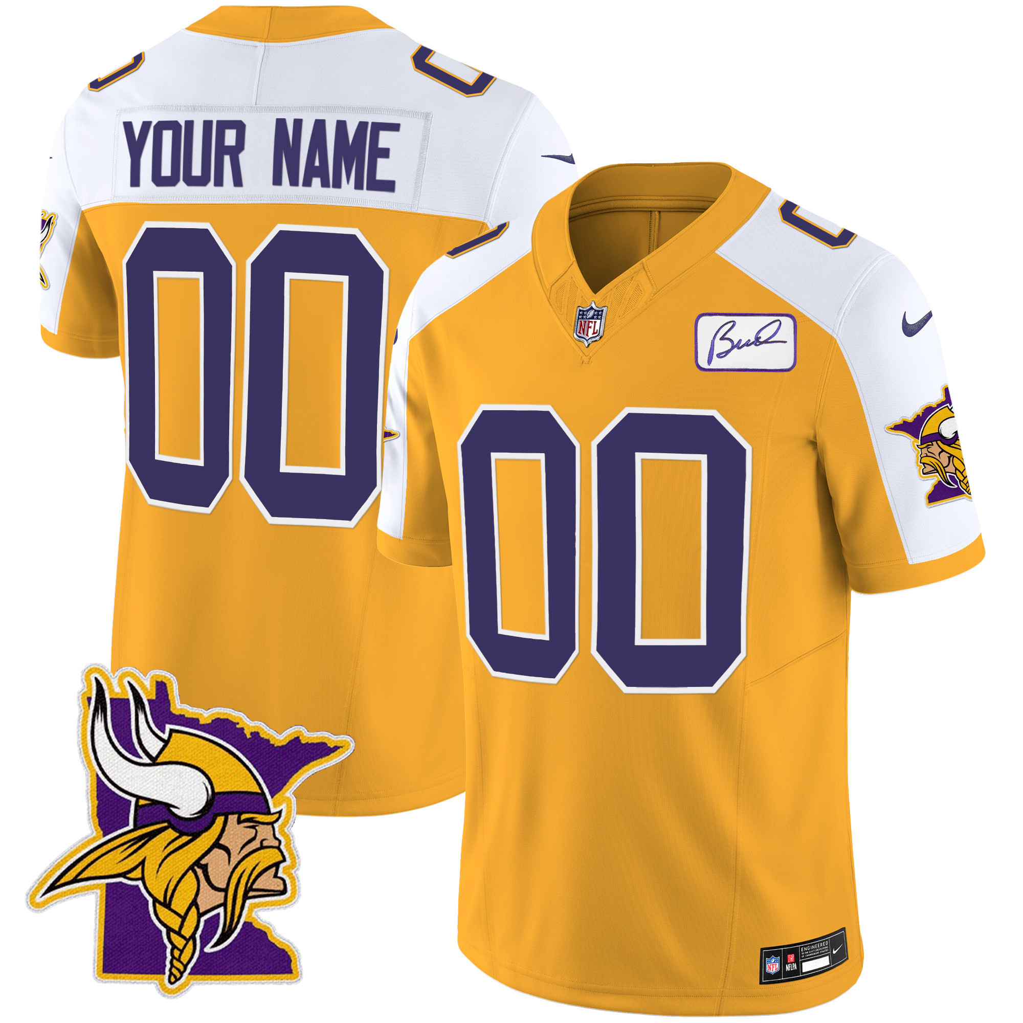 Men's Minnesota Vikings Bud Grant Patch Classic Limited Custom Gold Alternate Jersey - All Stitched