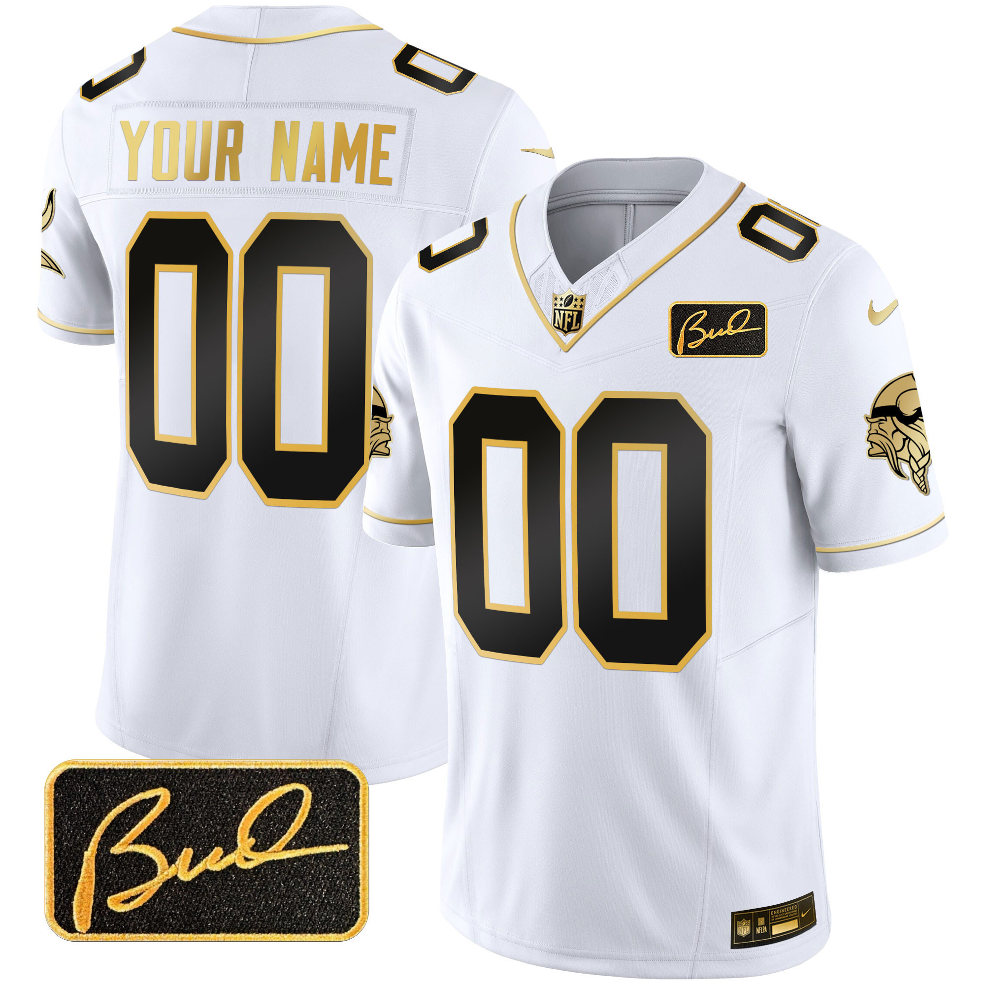 Men's Minnesota Vikings Bud Grant Patch Gold Limited Custom White Gold Jersey - All Stitched