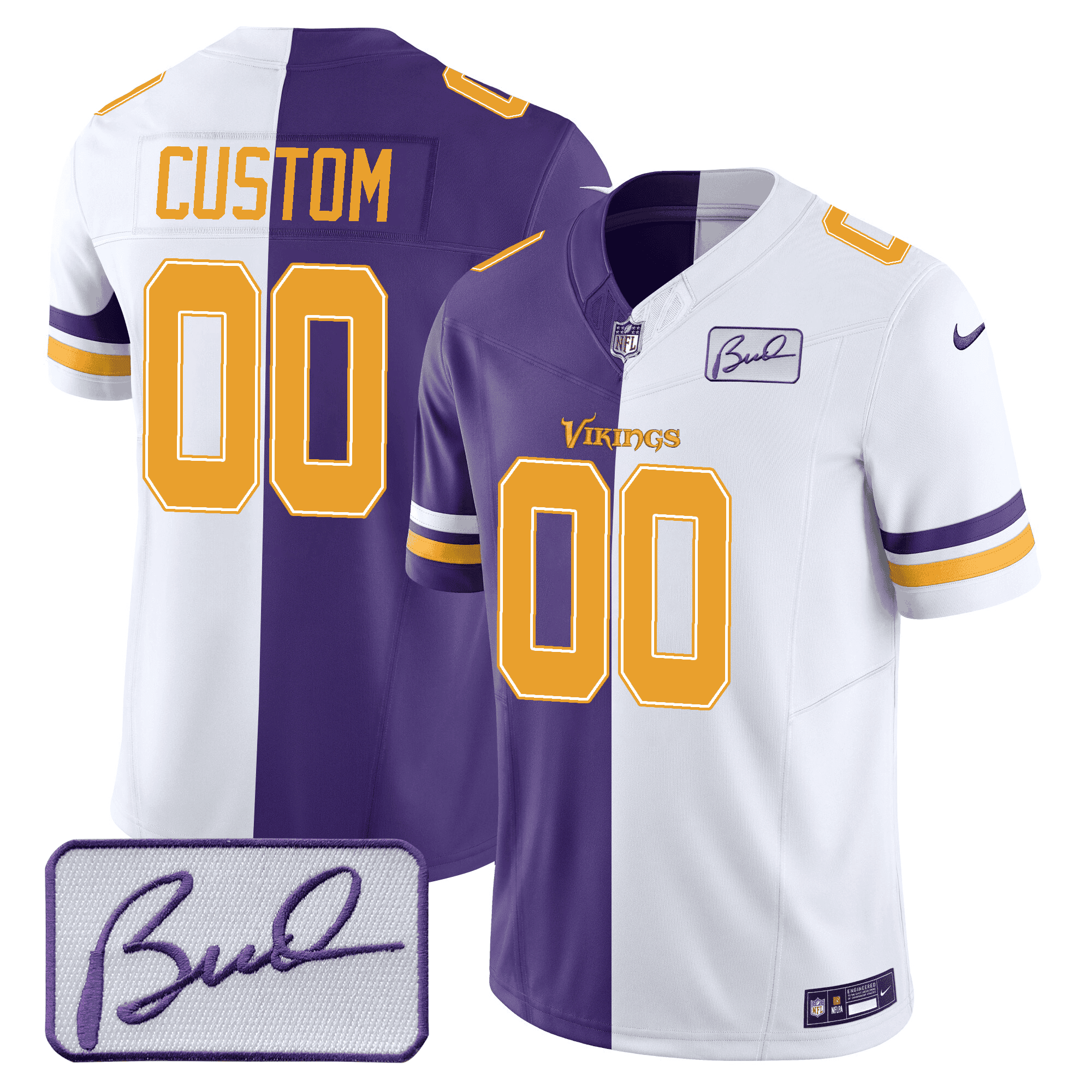 Men's Minnesota Vikings Bud Grant Patch Purple/ White Split Custom Split Jersey - All Stitched