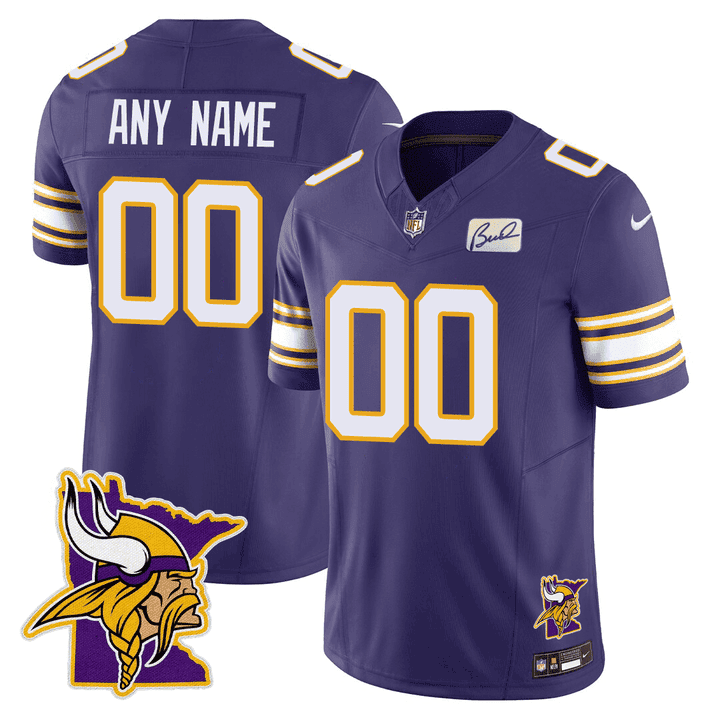 Men's Minnesota Vikings Honor Bud Grant & Minnesota Map Patch Limited Custom Purple Jersey - All Stitched