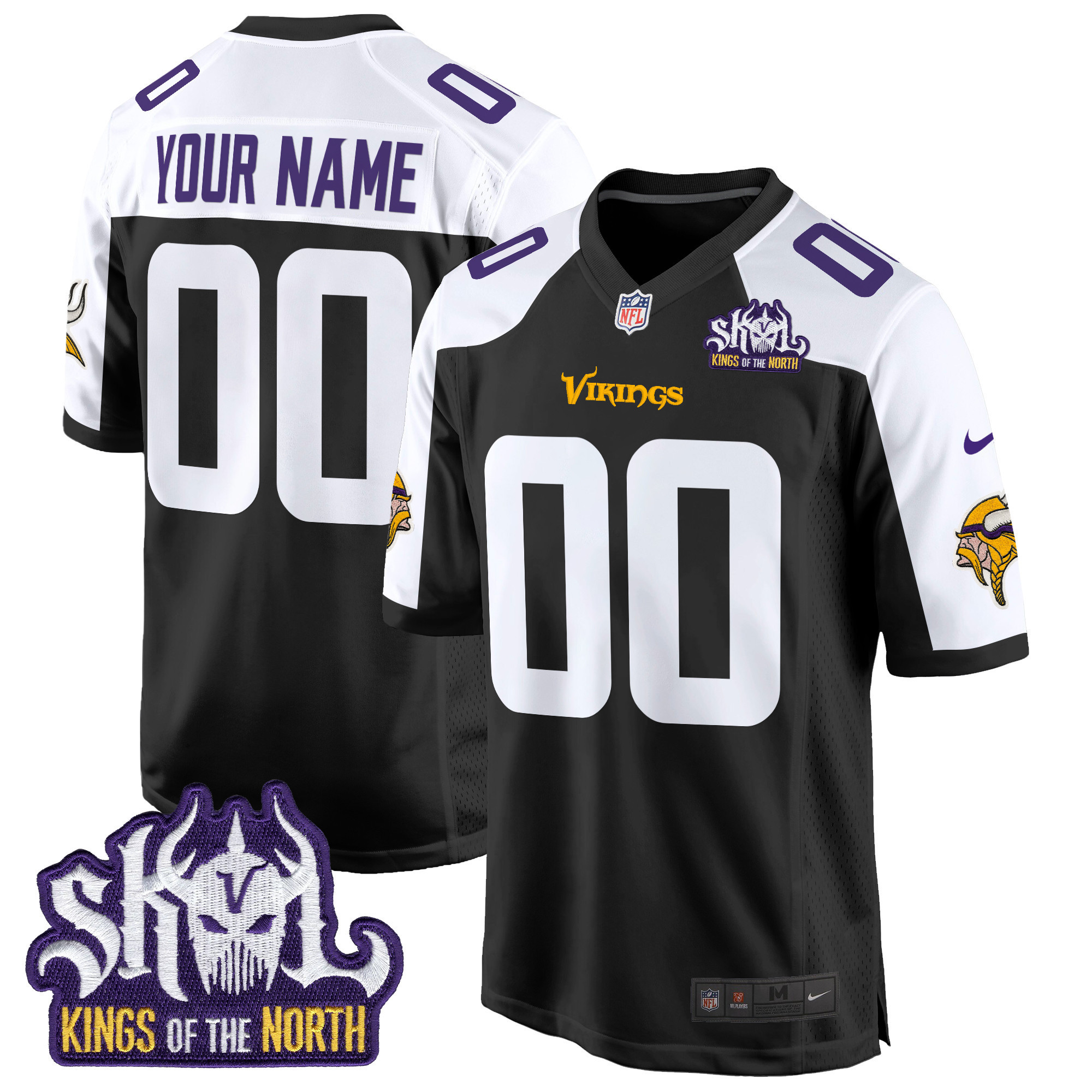 Men's Minnesota Vikings King Of The North Patch Game Custom Black Alternate Jersey - All Stitched