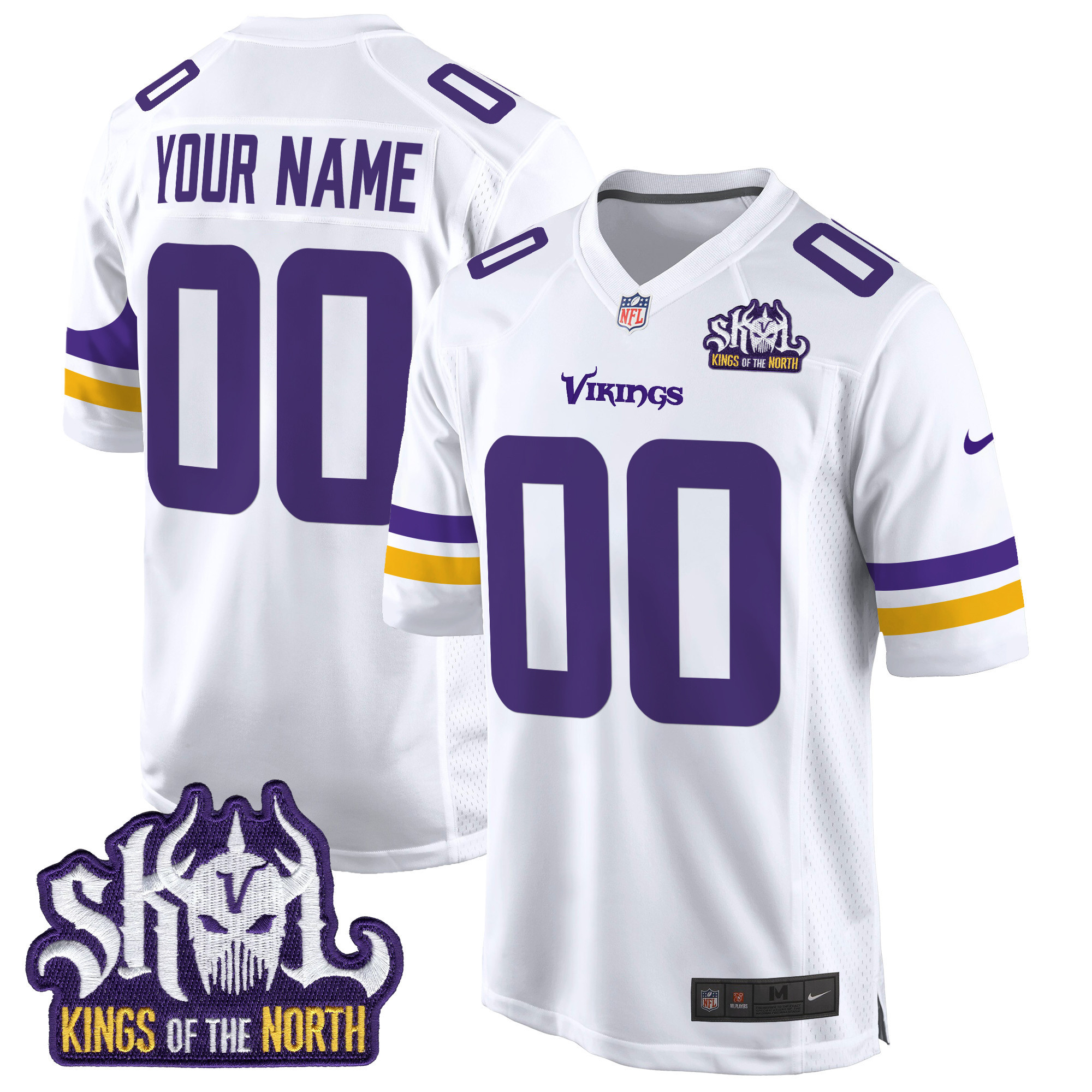 Men's Minnesota Vikings King Of The North Patch Game Custom White Jersey - All Stitched