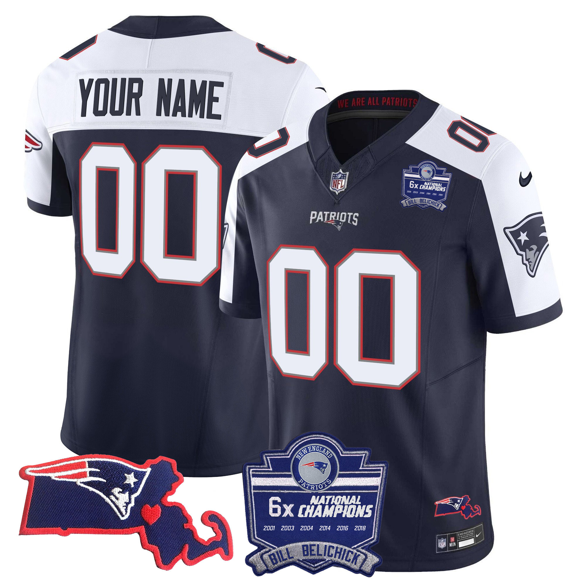 Men's New England Patriots Bill Belichick 6x Champions Patch Vapor Custom Alternate Jersey - All Stitched