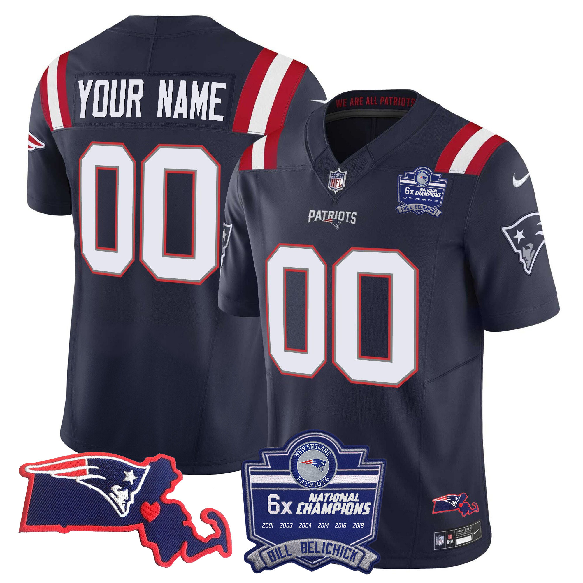 Men's New England Patriots Bill Belichick 6x Champions Patch Vapor Custom Navy Jersey - All Stitched