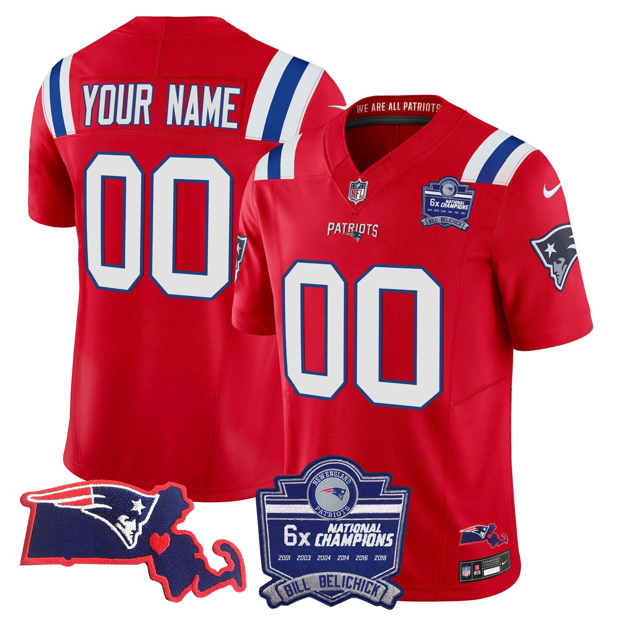 Men's New England Patriots Bill Belichick 6x Champions Patch Vapor Custom Red Jersey - All Stitched