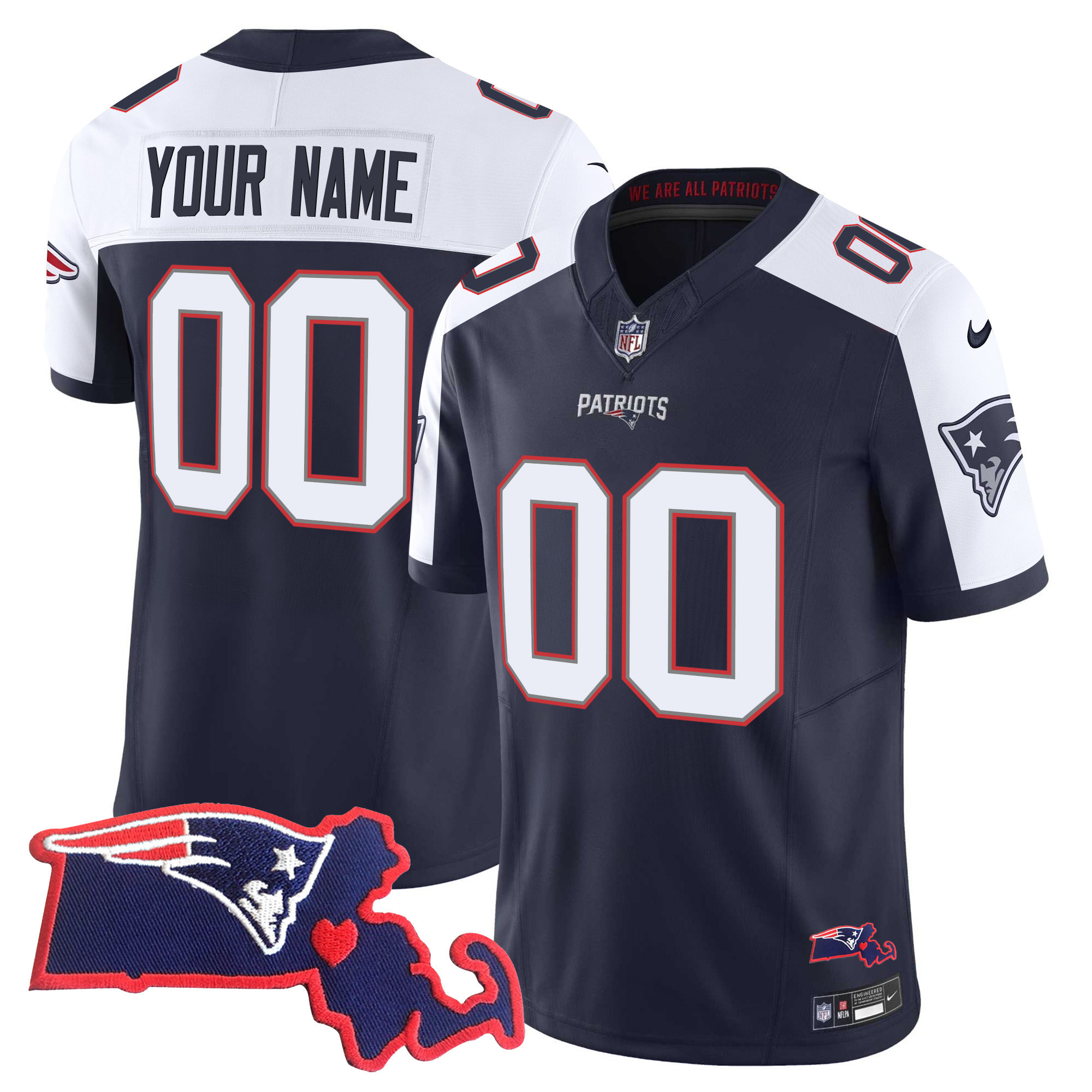 Men's New England Patriots Massachusetts Patch Vapor Custom Alternate Jersey - All Stitched
