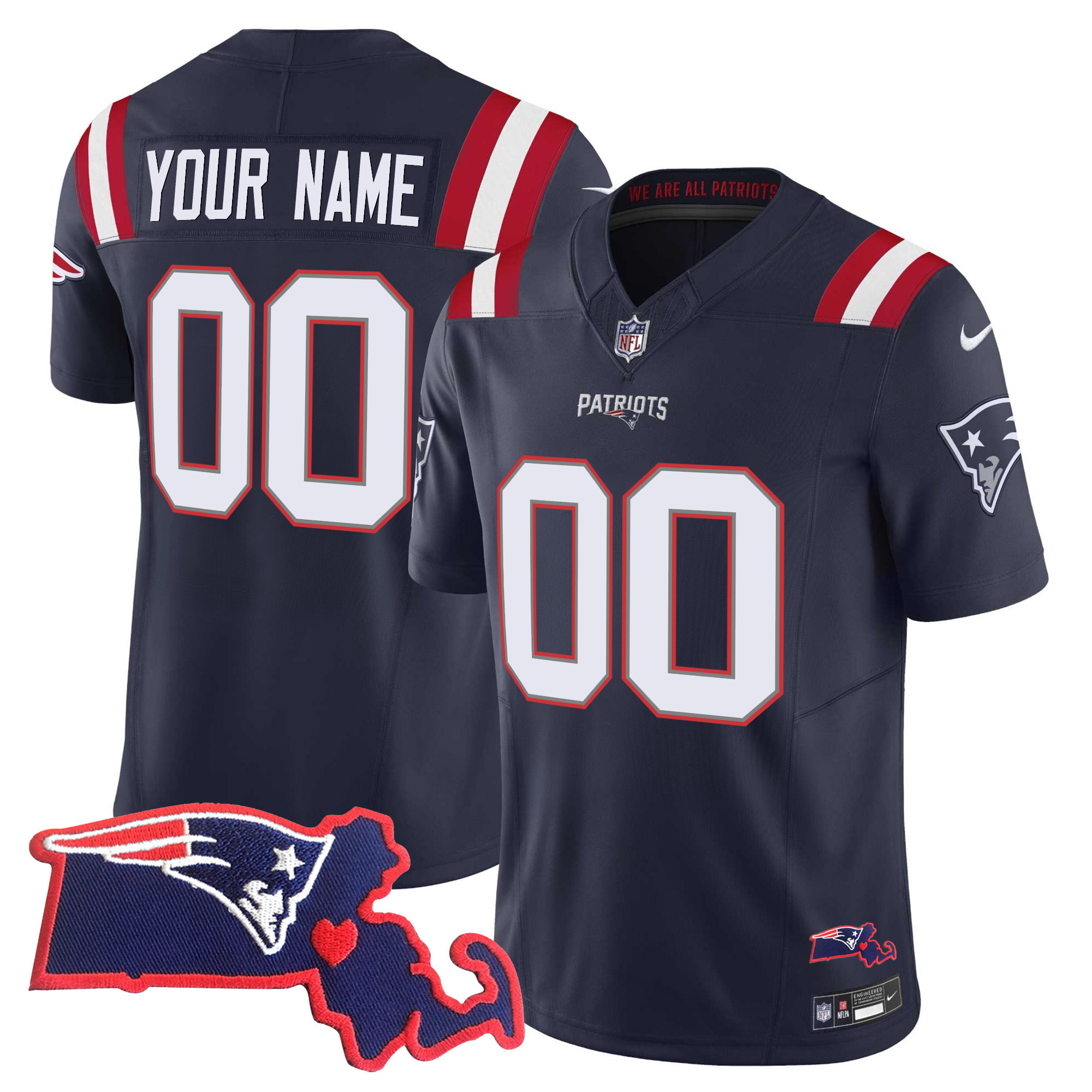 Men's New England Patriots Massachusetts Patch Vapor Custom Navy Jersey - All Stitched