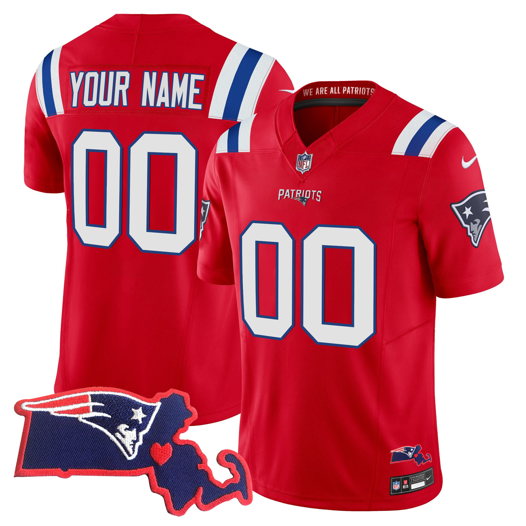Men's New England Patriots Massachusetts Patch Vapor Custom Red Jersey - All Stitched