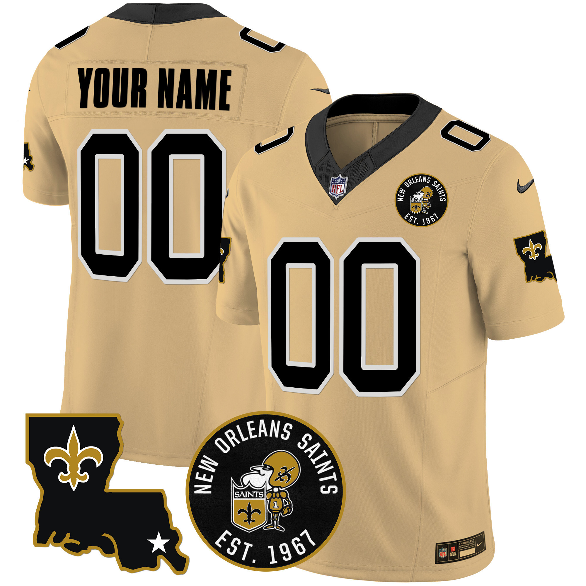 Men's New Orleans Saints EST. 1967 Patch Vapor Custom Gold Jersey - All Stitched