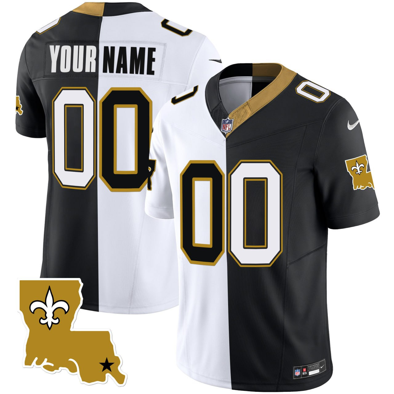 Men's New Orleans Saints White Black Split Custom Split Jersey - All Stitched