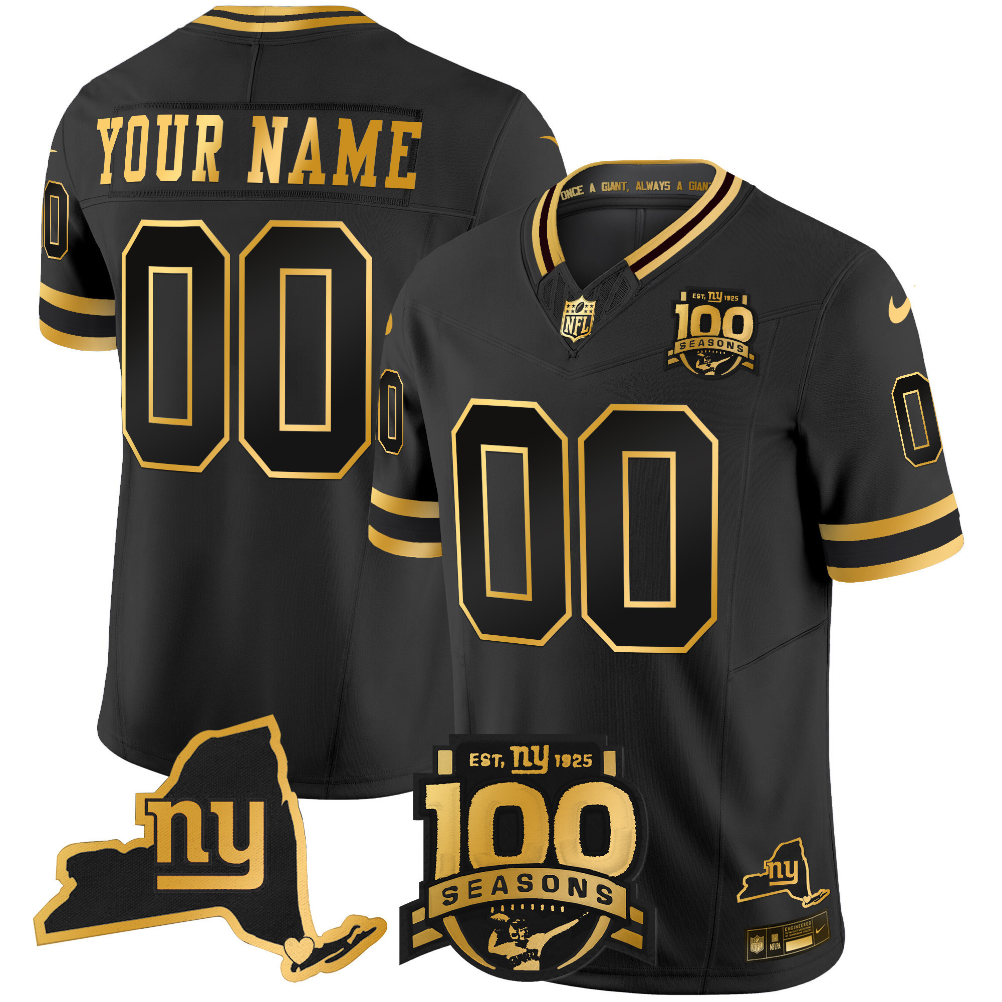 Men's New York Giants 100th Season & State Patch Gold Vapor Limited Custom Black Gold Jersey - All Stitched