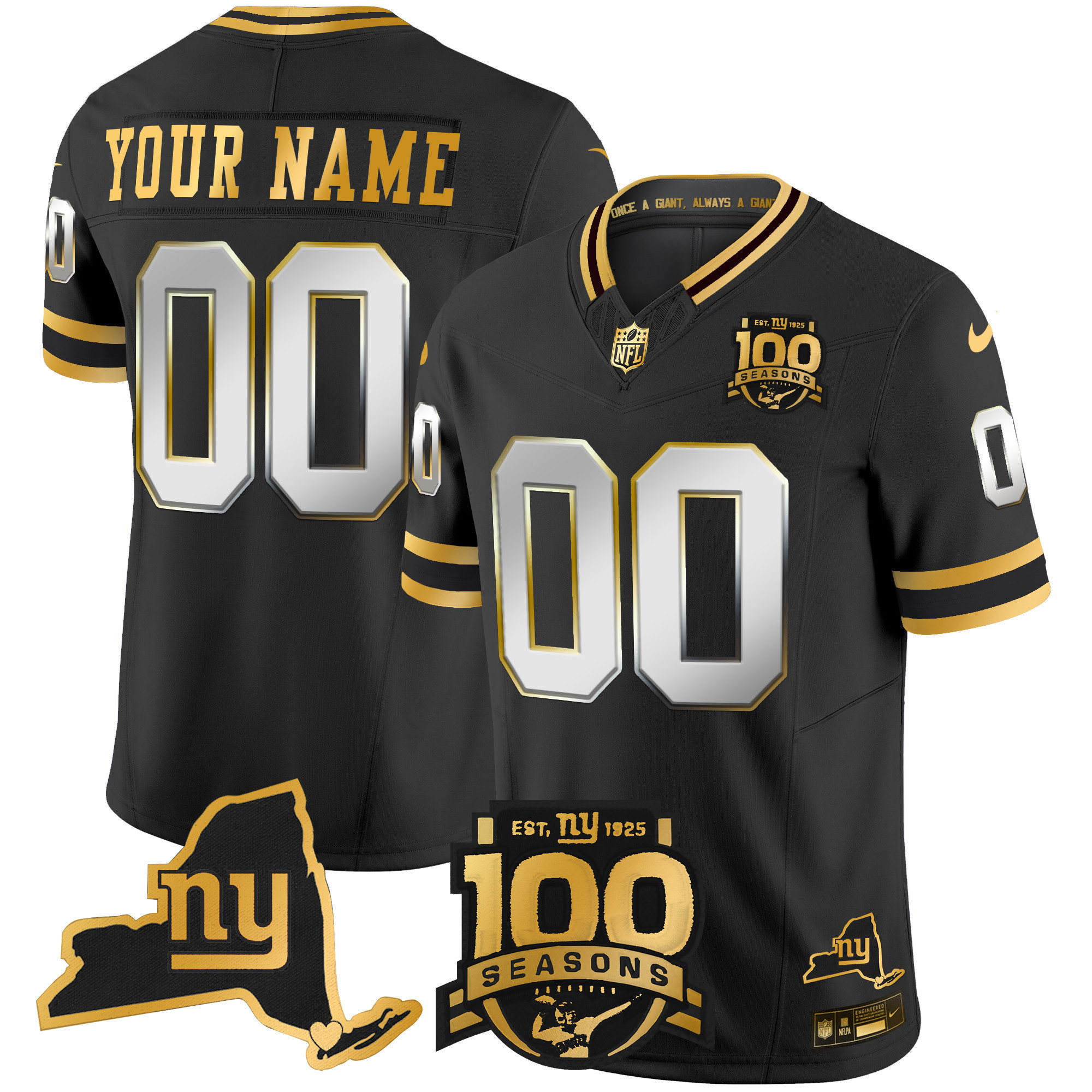 Men's New York Giants 100th Season & State Patch Gold Vapor Limited Custom Black Limited Jersey - All Stitched