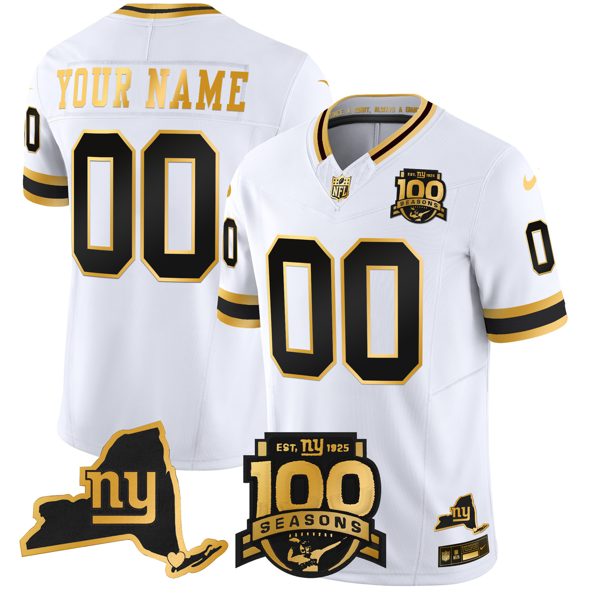 Men's New York Giants 100th Season & State Patch Gold Vapor Limited Custom White Gold Jersey - All Stitched