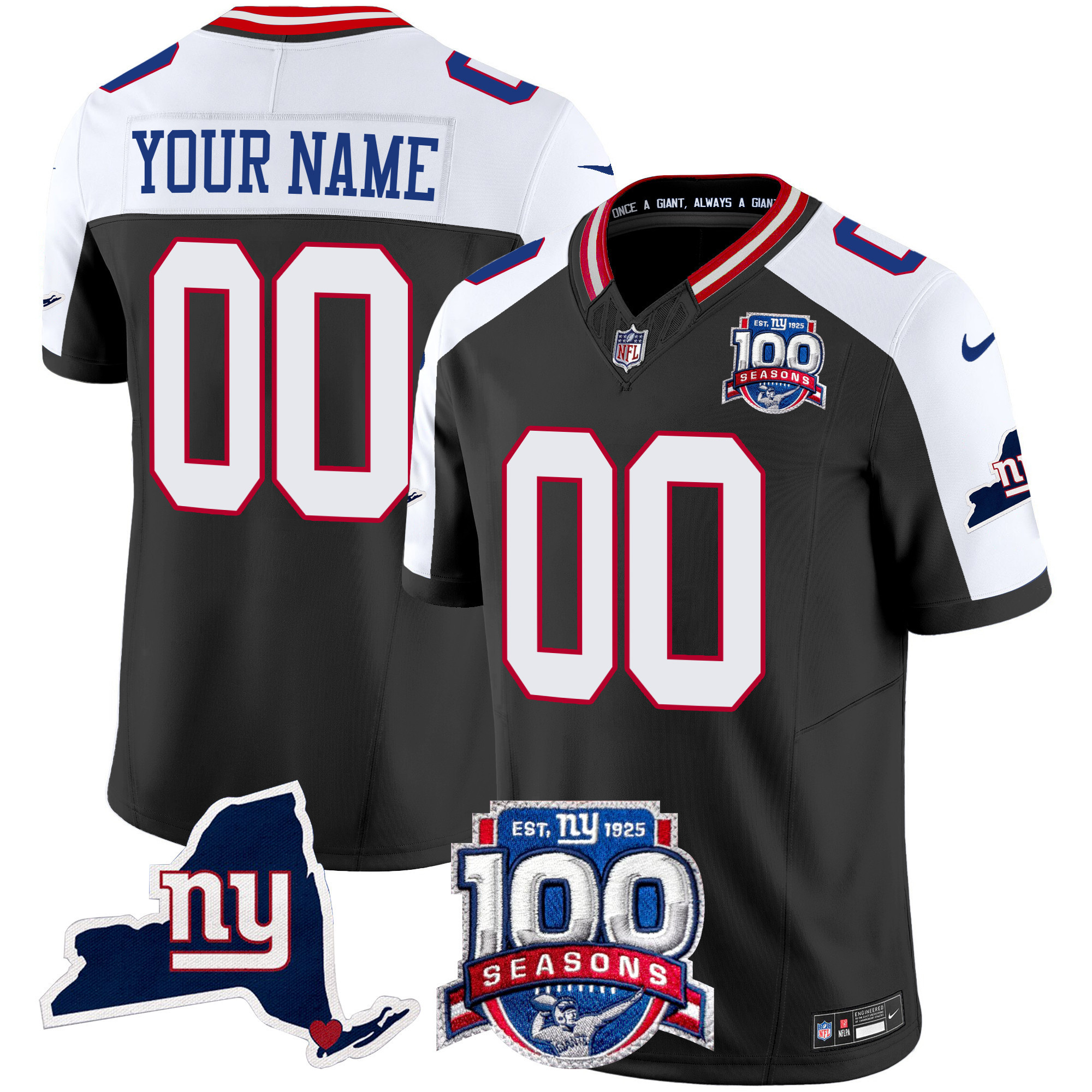 Men's New York Giants 100th Season & State Patch Vapor Limited Custom Black Alternate Jersey - All Stitched