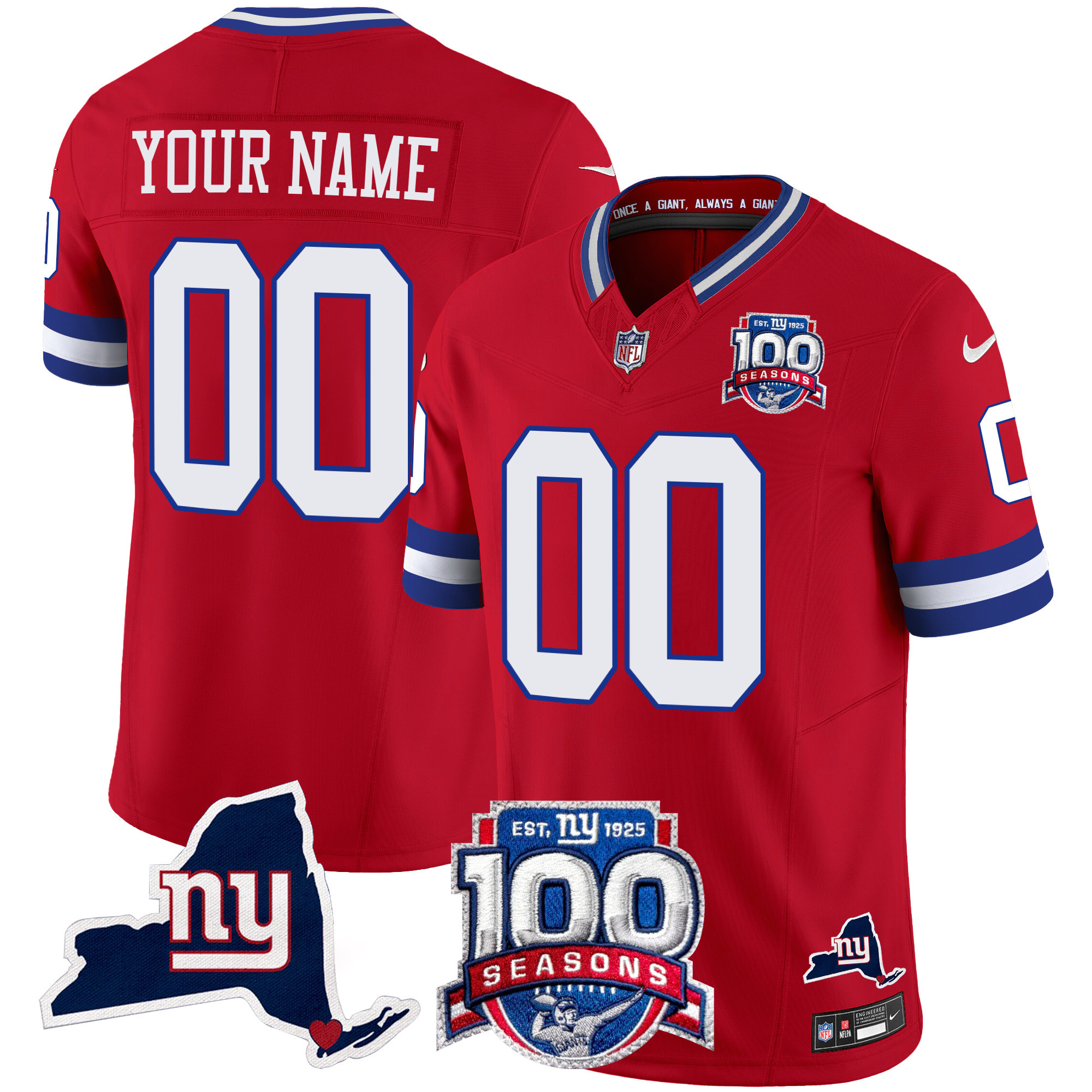 Men's New York Giants 100th Season & State Patch Vapor Limited Custom Red Jersey - All Stitched