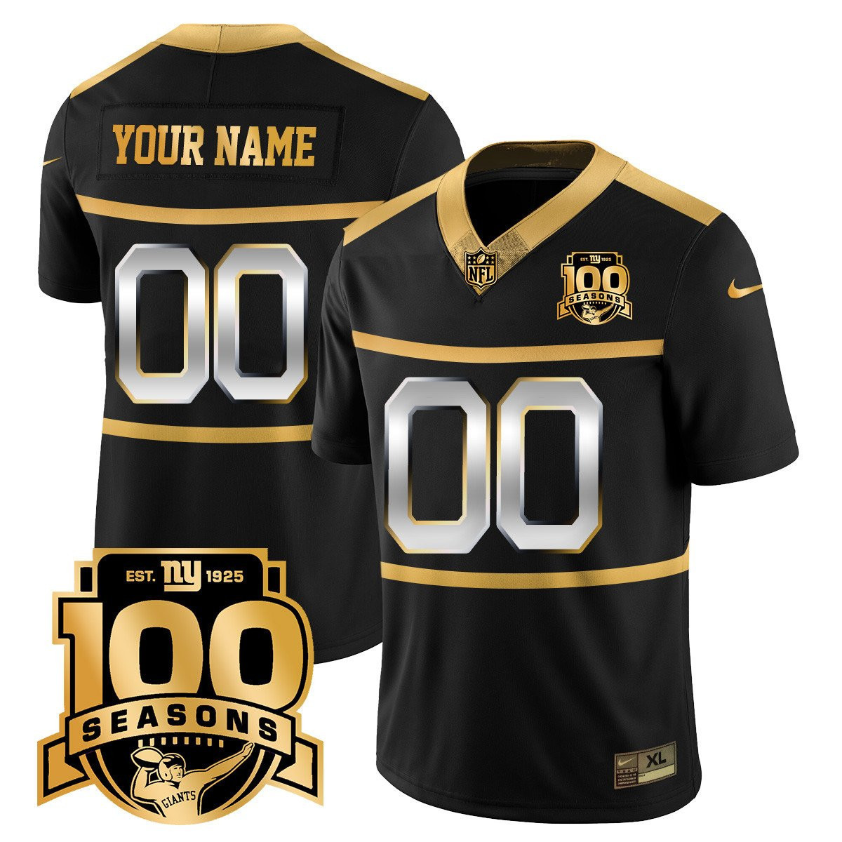 Men's New York Giants 'Century Red' 100th Season Commemorative Gold Vapor Custom Black Gold Jersey - All Stitched