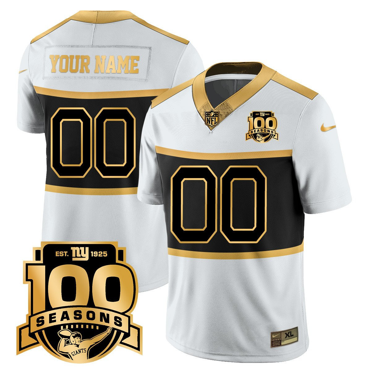 Men's New York Giants 'Century Red' 100th Season Commemorative Gold Vapor Custom White Gold Jersey - All Stitched