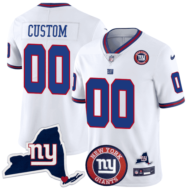 Men's New York Giants New York State & Logo Patch Limited Custom White Jersey - All Stitched
