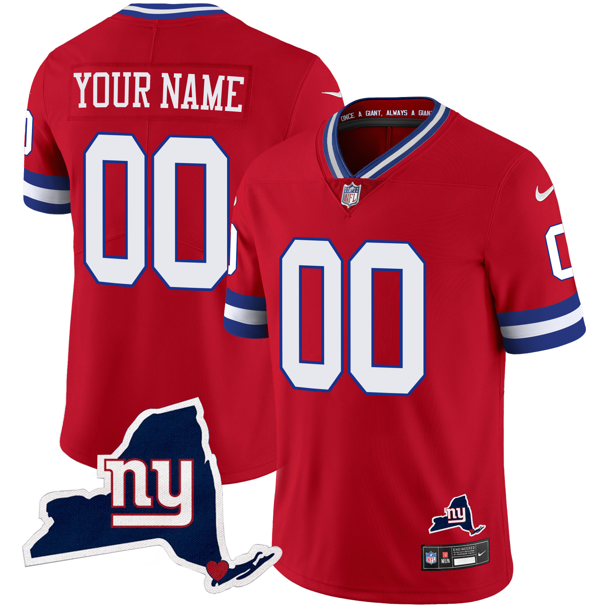 Men's New York Giants New York State Map Patch Limited Custom Red Jersey - All Stitched