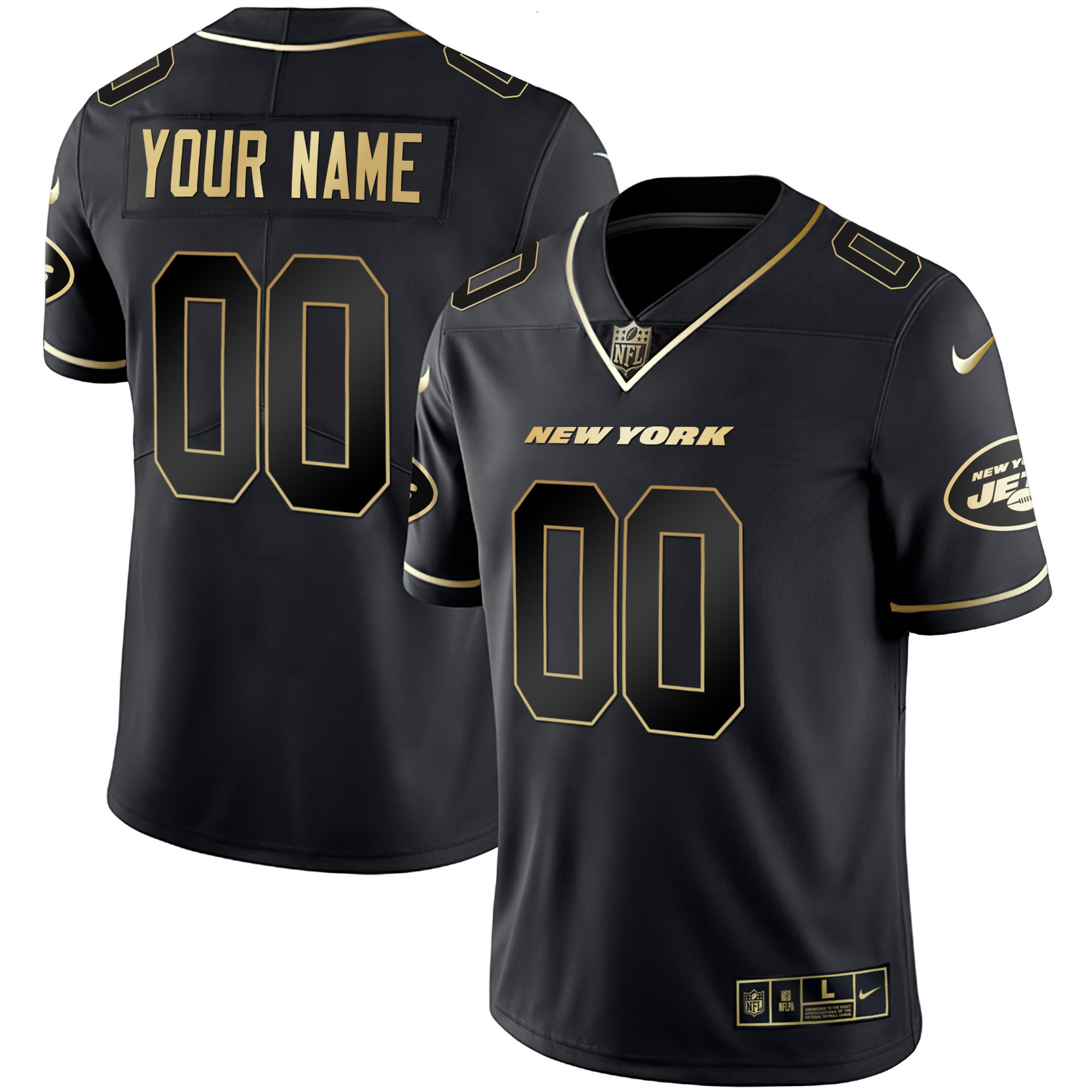 Men's New York Jets Black Gold Custom Name and Number - All Stitched Black Gold Jersey - All Stitched