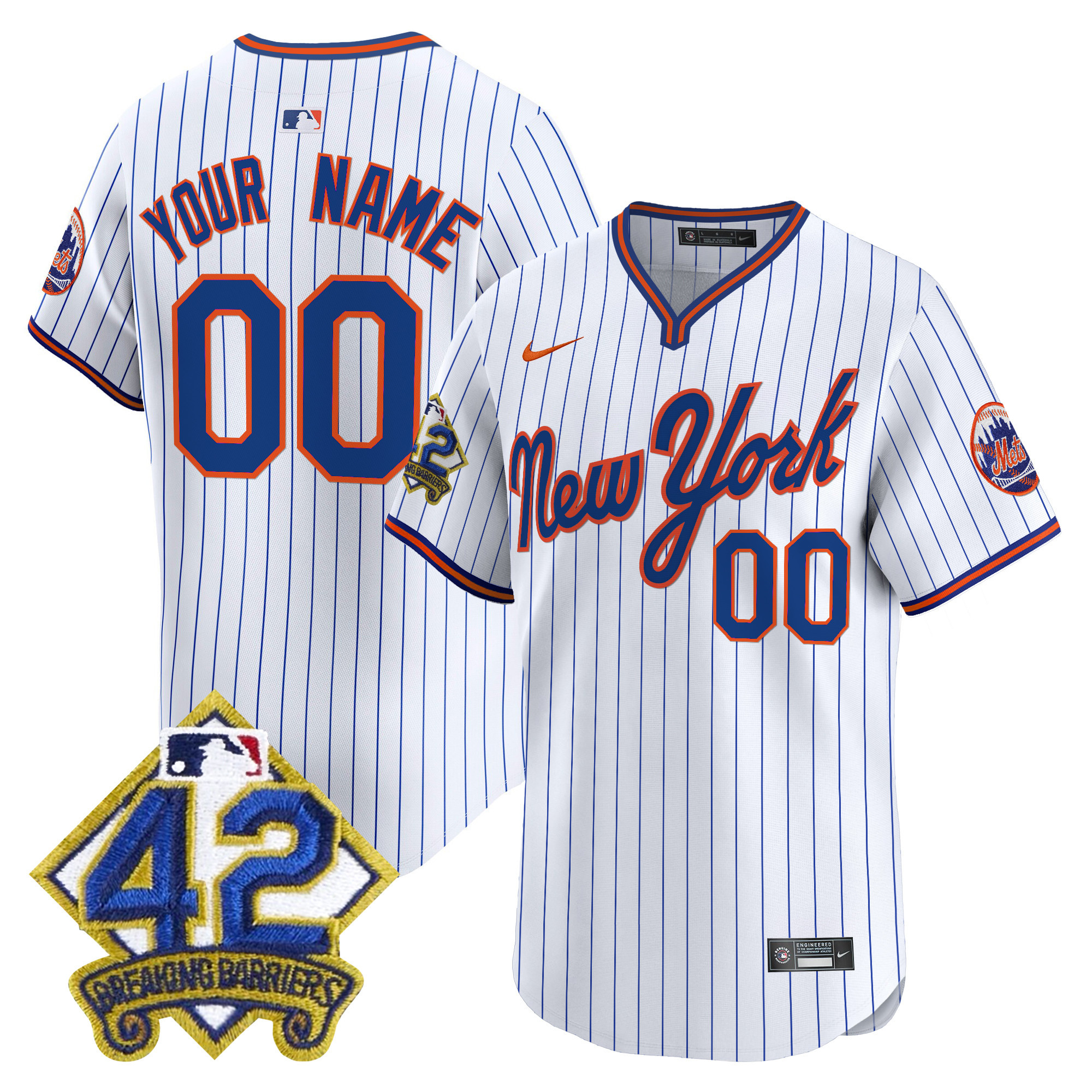 Men's New York Mets 2025 Jackie Robinson Patch Road Alternate Custom Pinstripe Jersey – All Stitched