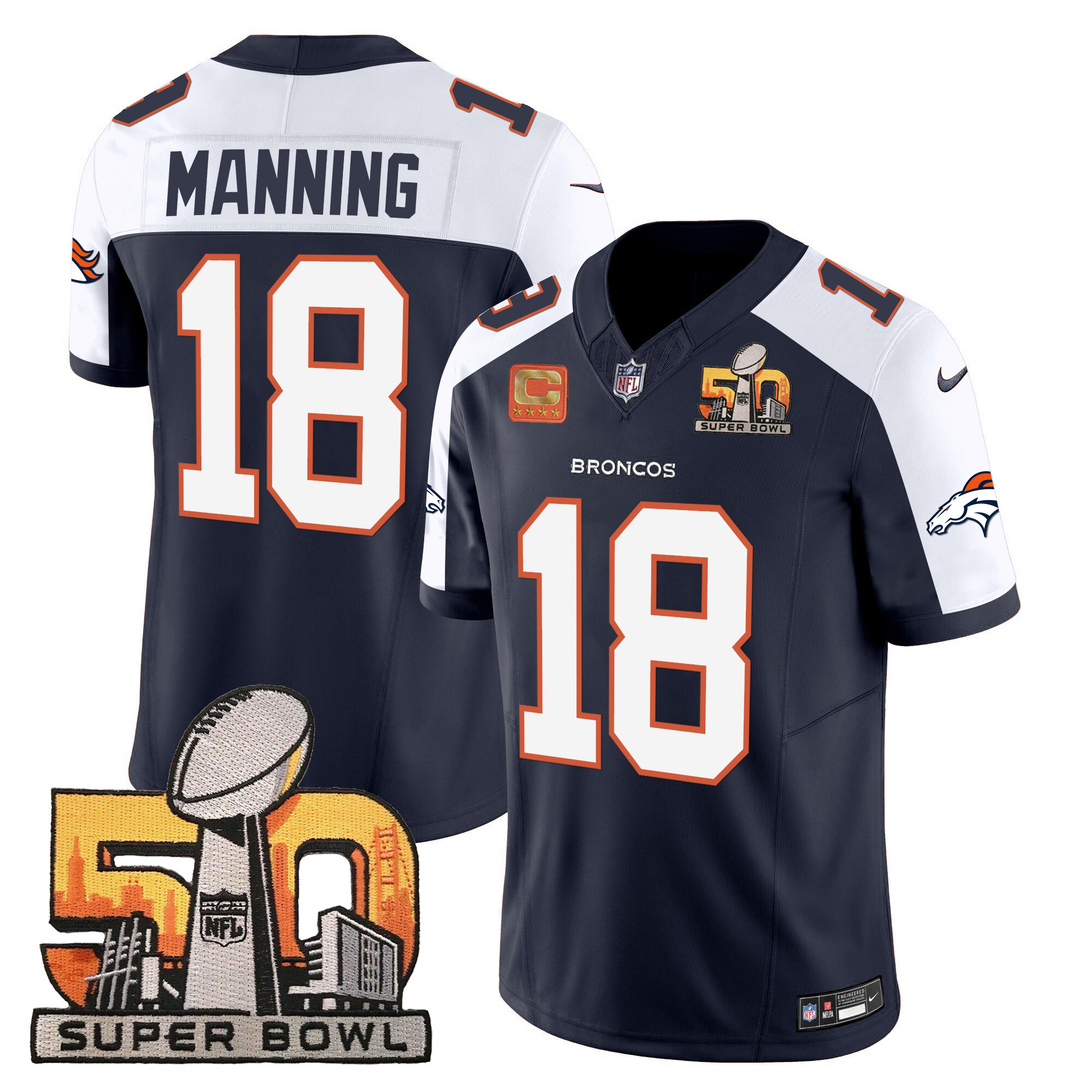 Men's Peyton Manning Denver Broncos Super Bowl 50 Patch Vapor Navy Alternate Jersey - All Stitched