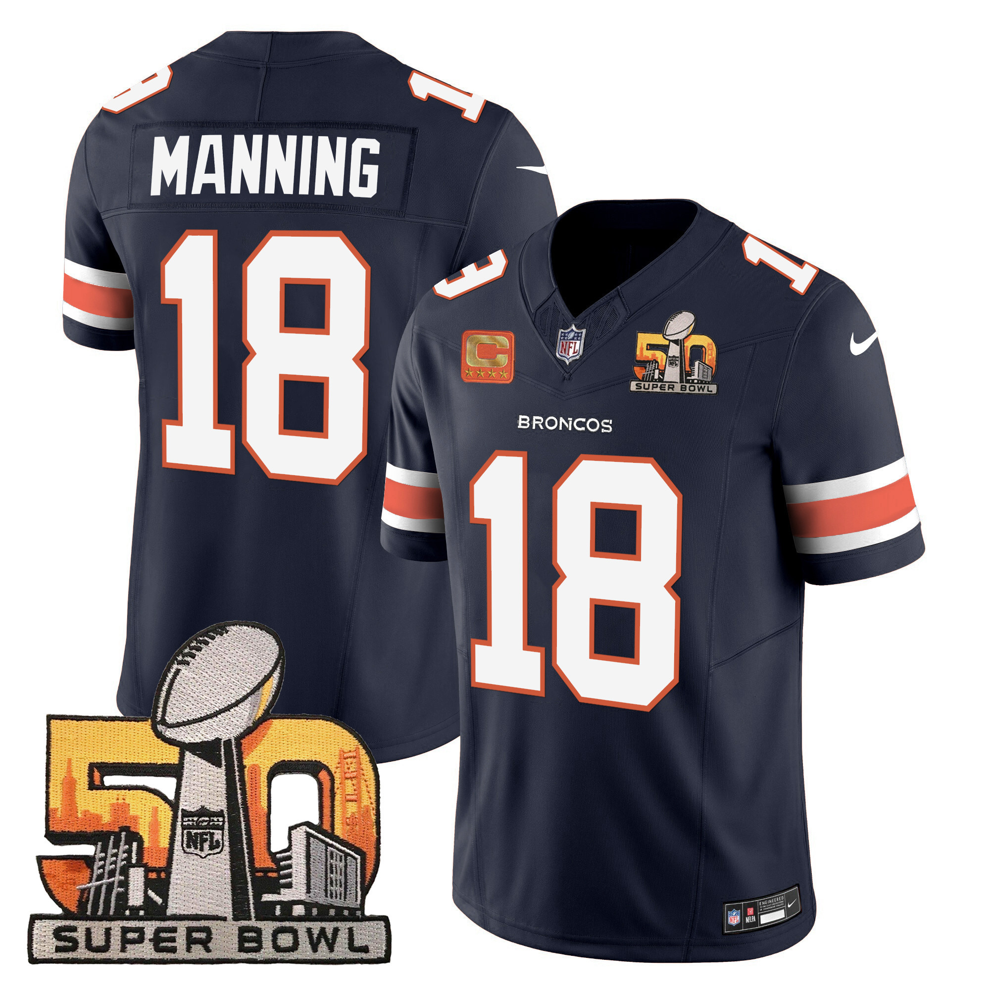 Men's Peyton Manning Denver Broncos Super Bowl 50 Patch Vapor Navy Jersey - All Stitched
