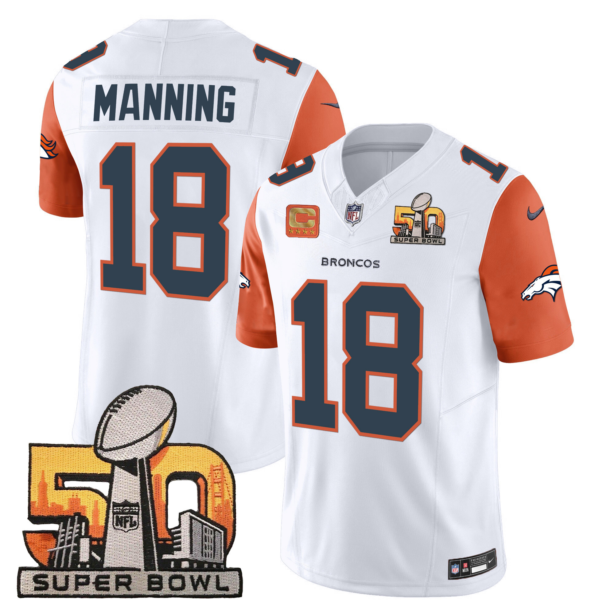 Men's Peyton Manning Denver Broncos Super Bowl 50 Patch Vapor Orange Sleeves Jersey - All Stitched